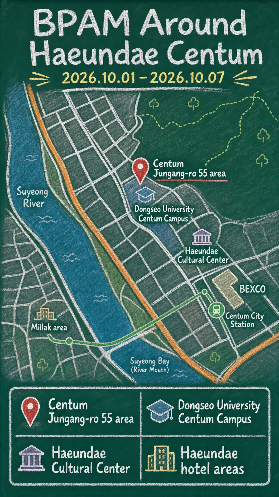 2026 Busan International Performing Arts Market (BPAM): Dates, Location and Haeundae Hotel Base Guide English chalkboard map redrawn from the source map