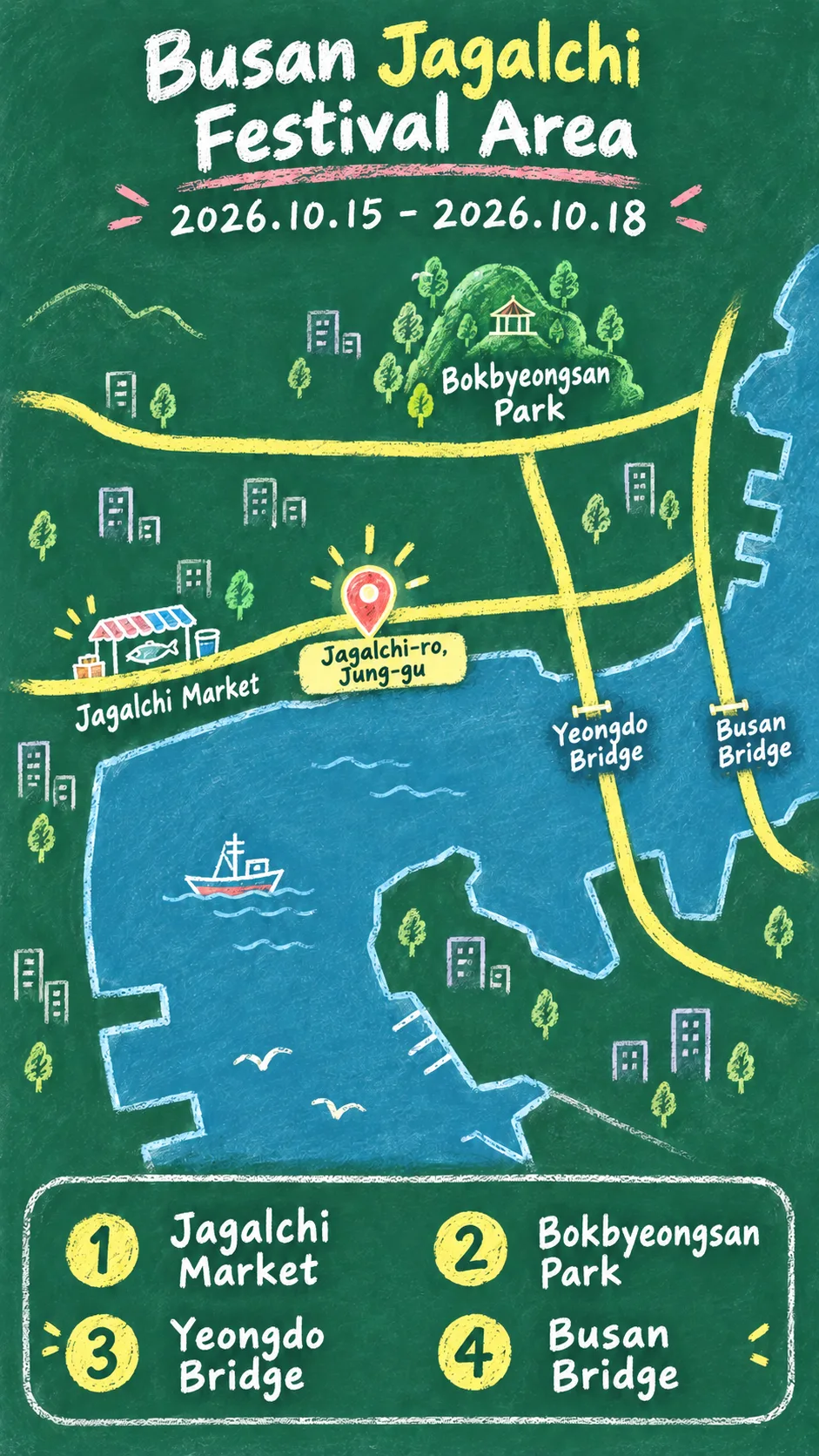 2026 Busan Jagalchi Festival: Dates, Location, Travel Tips and Where to Stay English chalkboard map redrawn from the source map