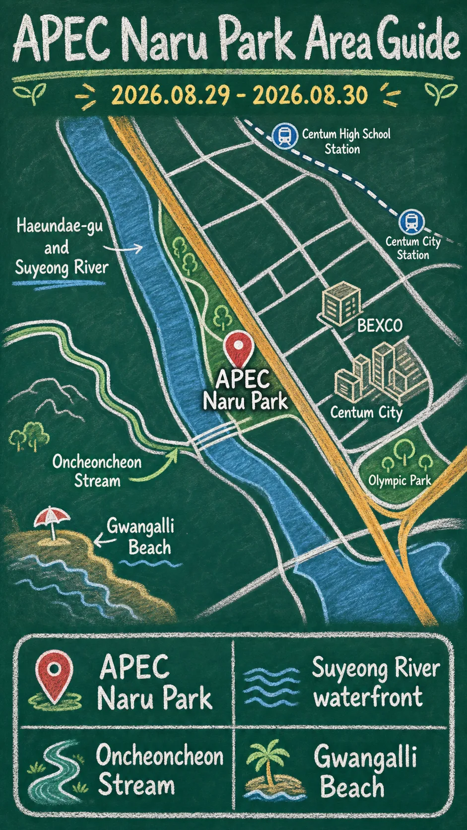 2026 Busan Night Walk 42K with dsec: Dates, Route Basics, and Where to Stay English chalkboard map redrawn from the source map