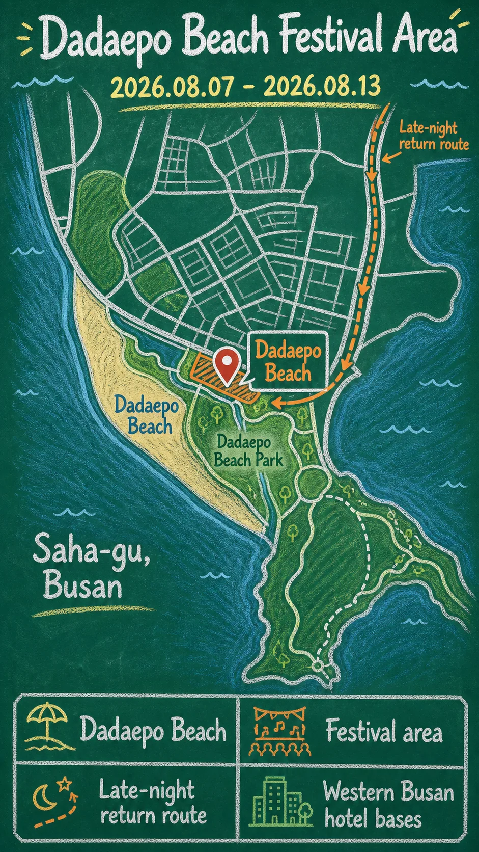 2026 Busan Sea Festival: Dates, Dadaepo Beach Tips, and Where to Stay Nearby English chalkboard map redrawn from the source map