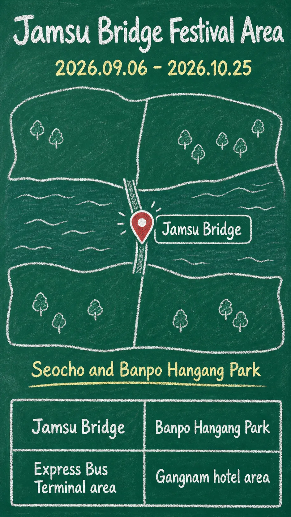 2026 Car-Free Jamsu Bridge Walking Festival: Seoul Travel and Hotel Base Guide English chalkboard map redrawn from the source map