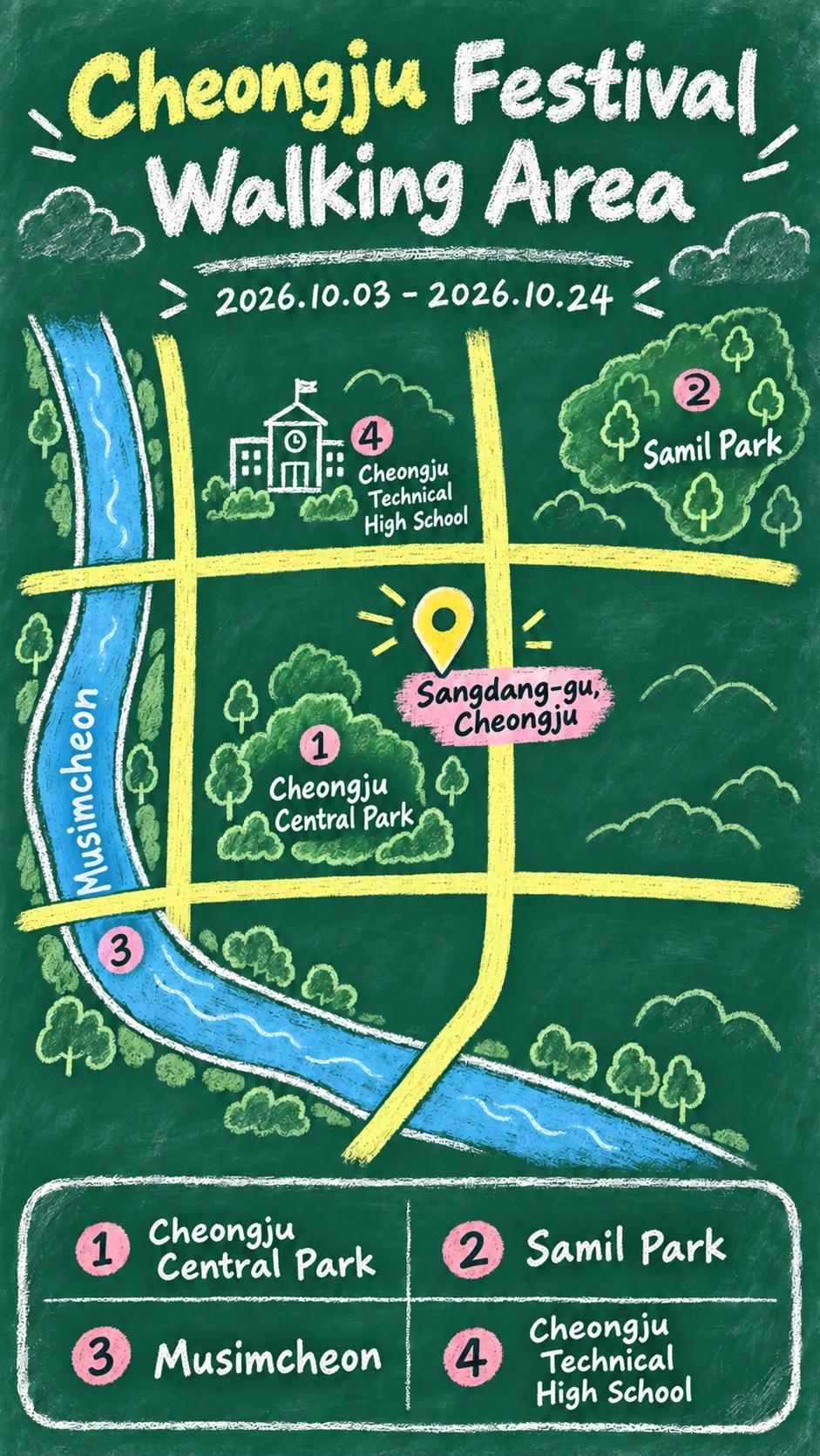 2026 Cheongju National Heritage Media Art Festival: Dates, Route and Where to Stay English chalkboard map redrawn from the source map