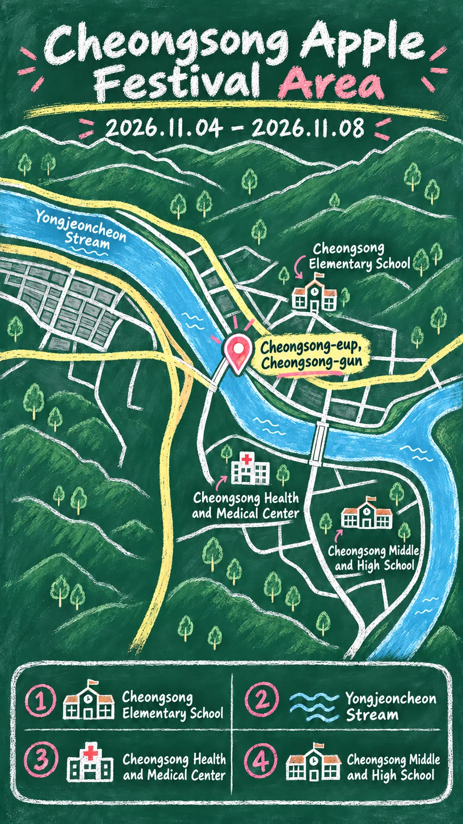 2026 Cheongsong Apple Festival: Dates, Location and Where to Stay English chalkboard map redrawn from the source map