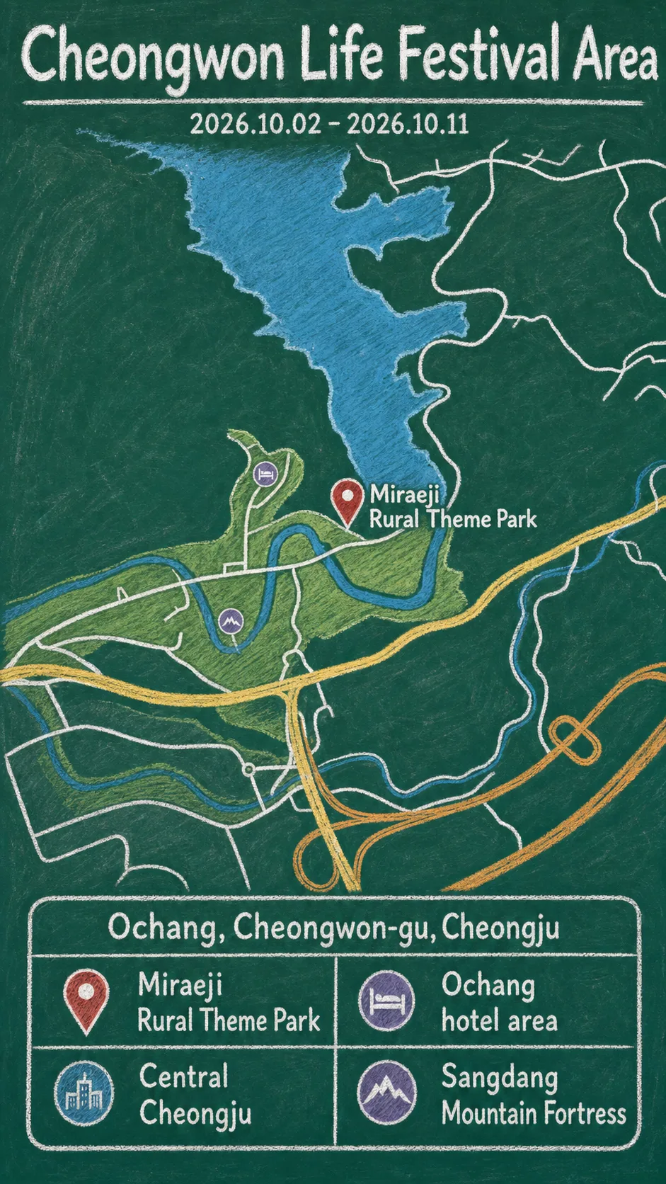 2026 Cheongwon Life Festival: Dates, Location, Travel Tips, and Where to Stay in Cheongju English chalkboard map redrawn from the source map