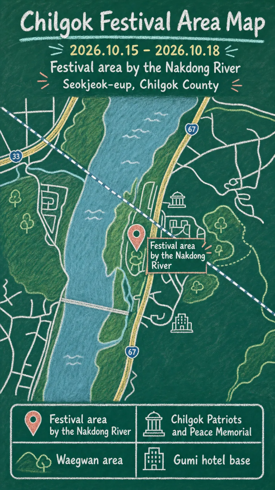 2026 Chilgok Nakdong River Peace Festival Hotel Guide English chalkboard map redrawn from the source map