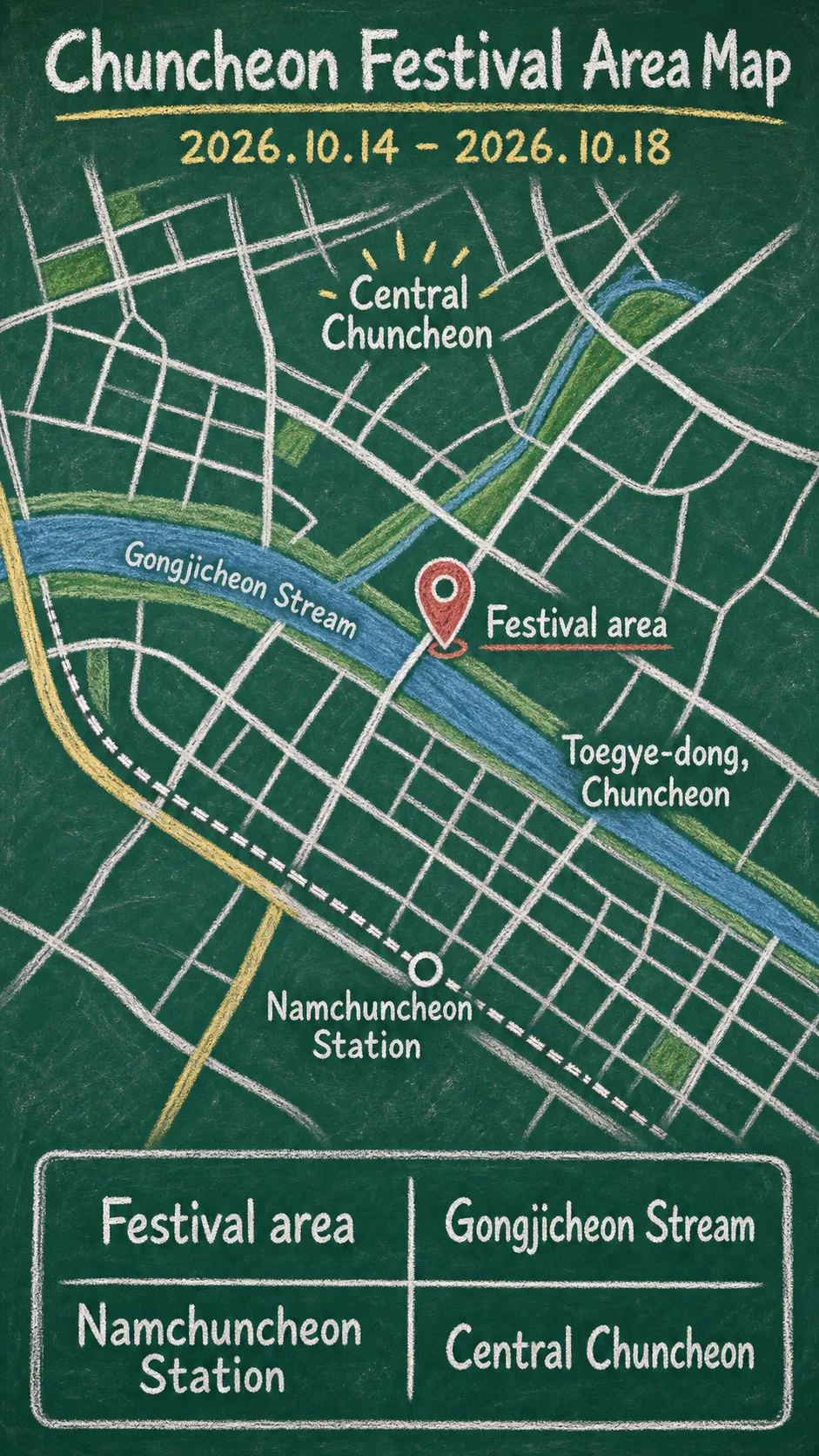 2026 Chuncheon Makguksu and Dakgalbi Festival Hotel Guide: Dates, Location, and Where to Stay English chalkboard map redrawn from the source map