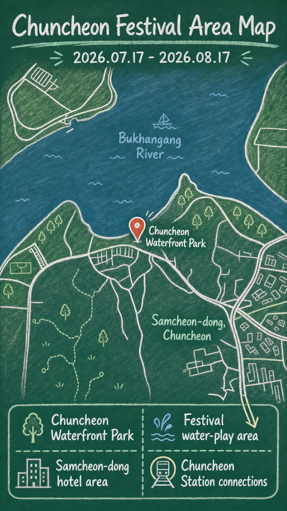 2026 Chuncheon Summer Water Festival: Dates, Packing Tips, and Where to Stay English chalkboard map redrawn from the source map