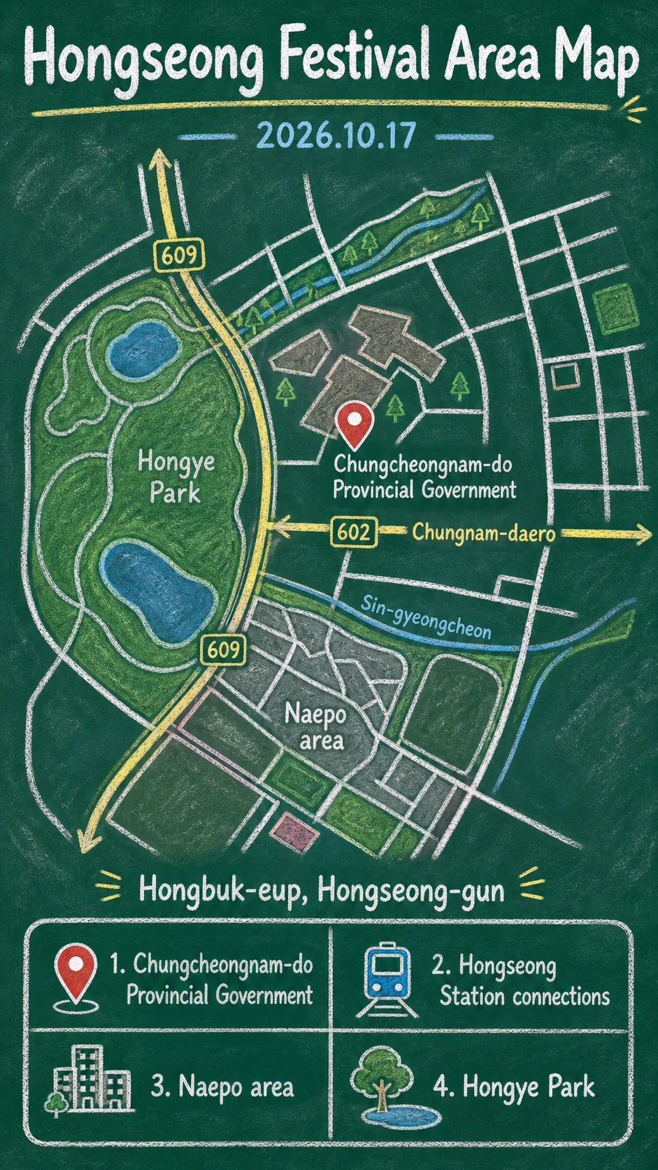 2026 Chungcheongnam-do Drone Festa Hotel Guide for Hongseong Visitors English chalkboard map redrawn from the source map