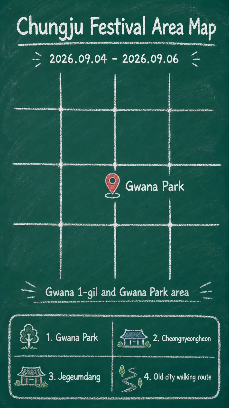 2026 Chungju National Heritage Night: Dates, Location, Travel Tips, and Where to Stay English chalkboard map redrawn from the source map
