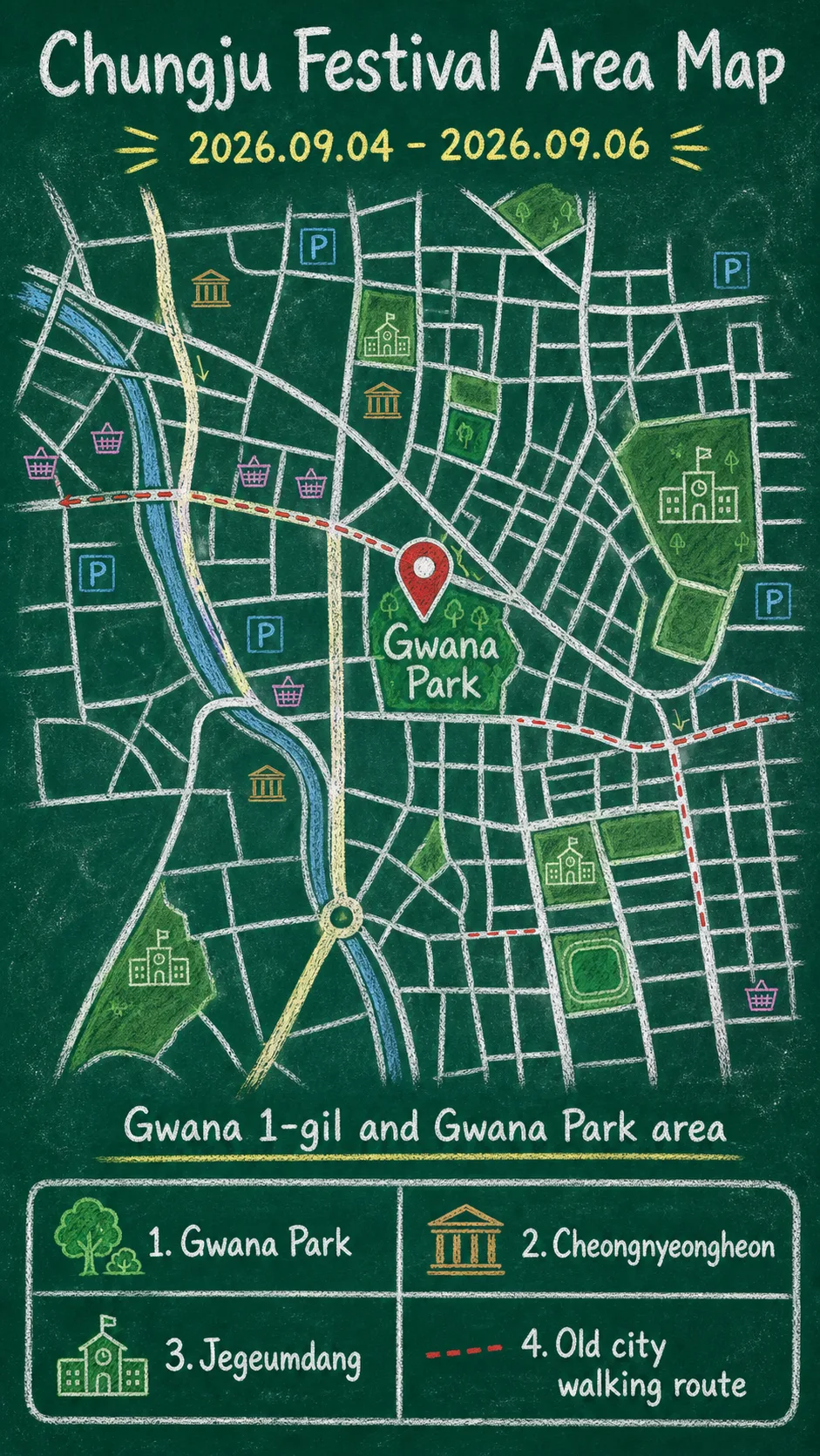 2026 Chungju National Heritage Night: Dates, Location, Travel Tips, and Where to Stay English chalkboard map redrawn from the source map