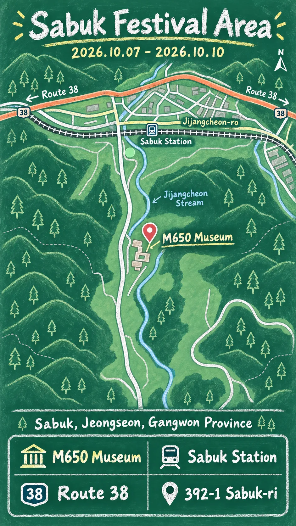 2026 Coal Mining Culture Festival: Sabuk Travel and Hotel Guide English chalkboard map redrawn from the source map