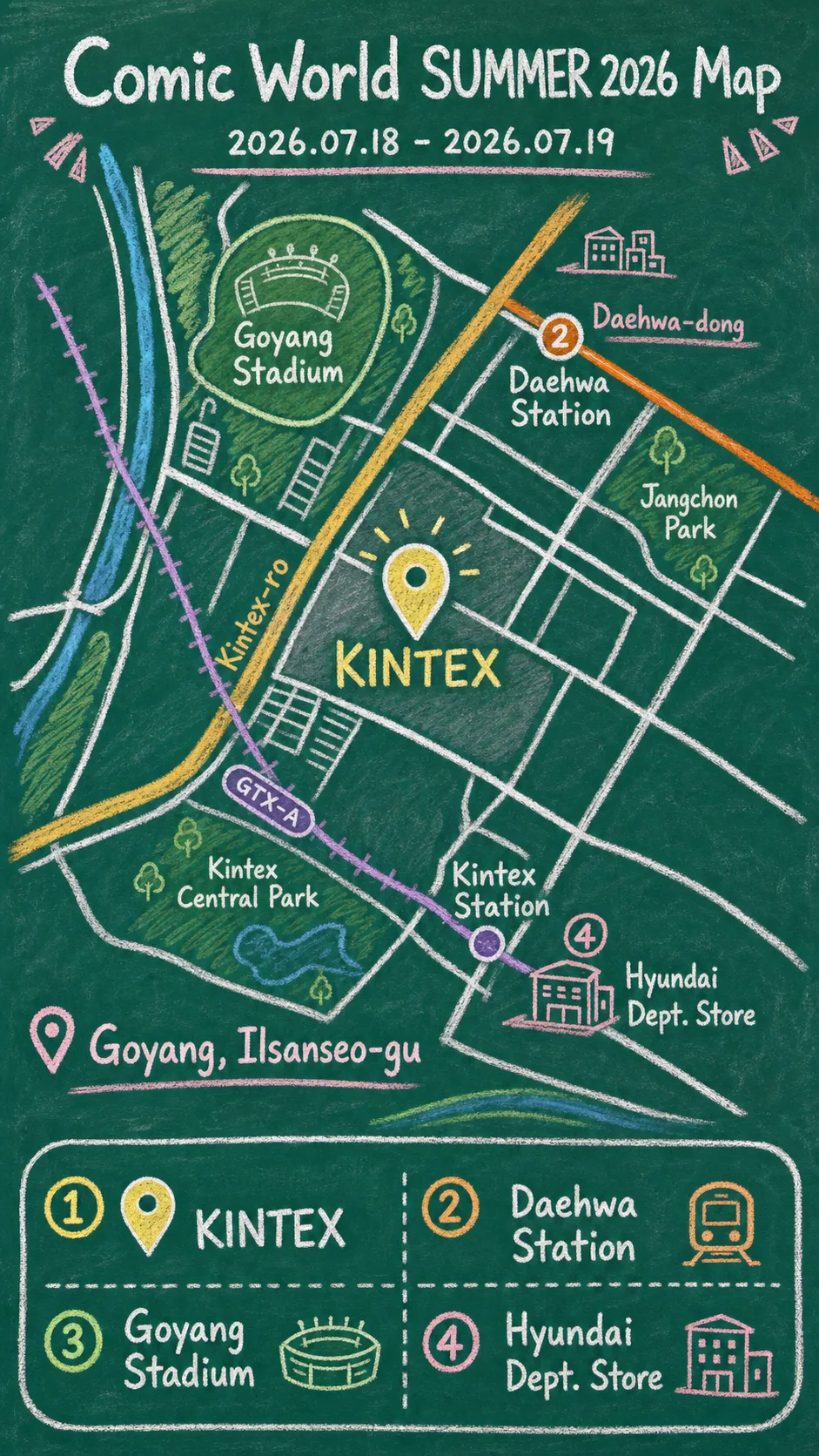 English chalkboard map redrawn from the KINTEX source map for Comic World SUMMER 2026 visitors