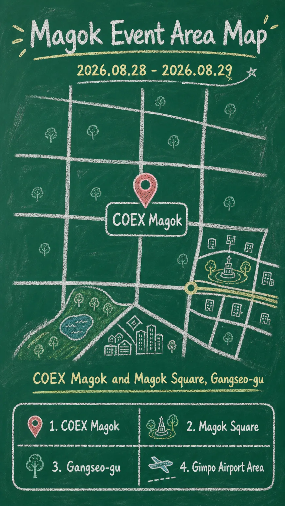 2026 Creator Media Festival: Seoul Magok Event Guide and Hotel Base Tips English chalkboard map redrawn from the source map