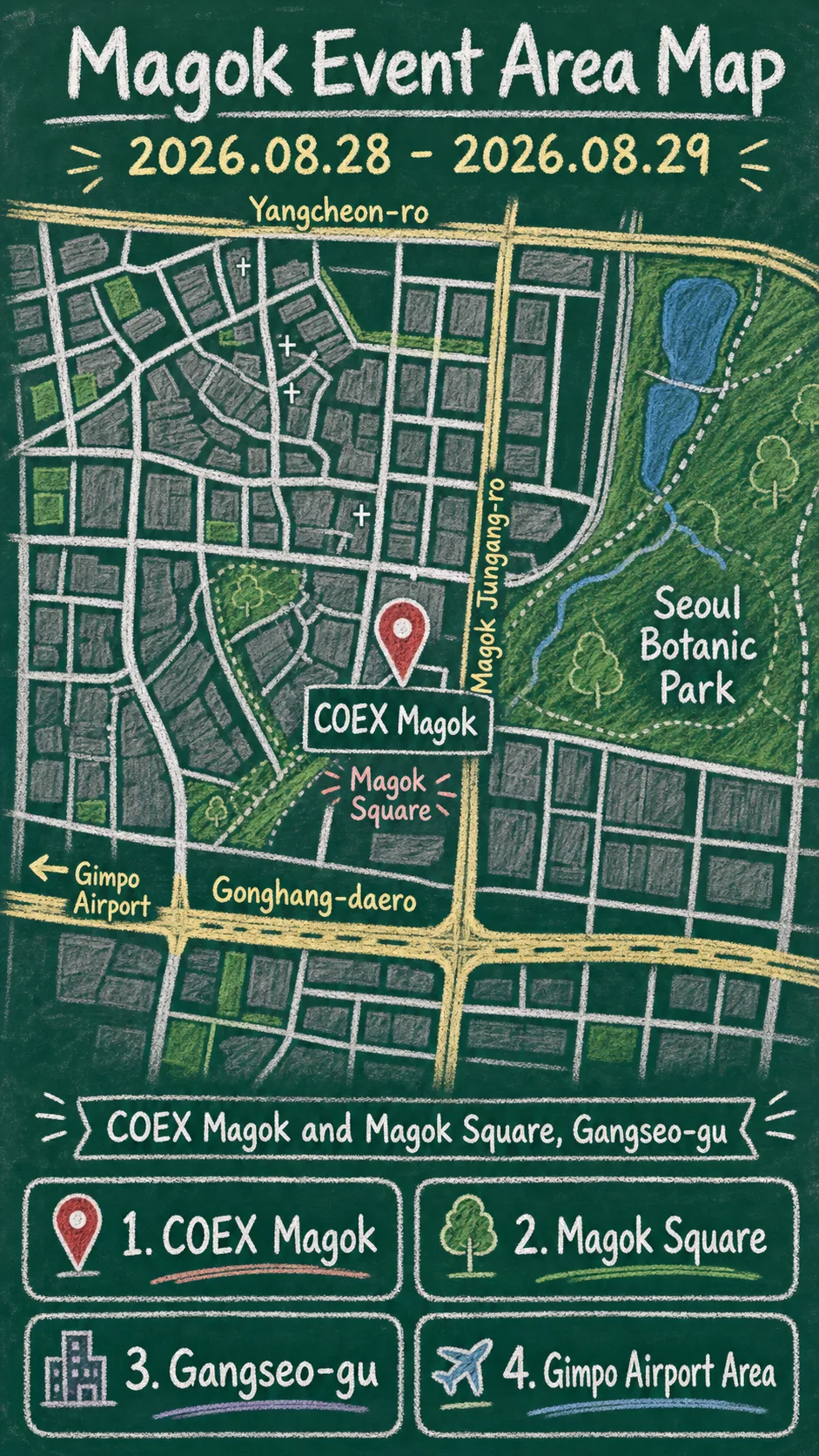2026 Creator Media Festival: Seoul Magok Event Guide and Hotel Base Tips English chalkboard map redrawn from the source map