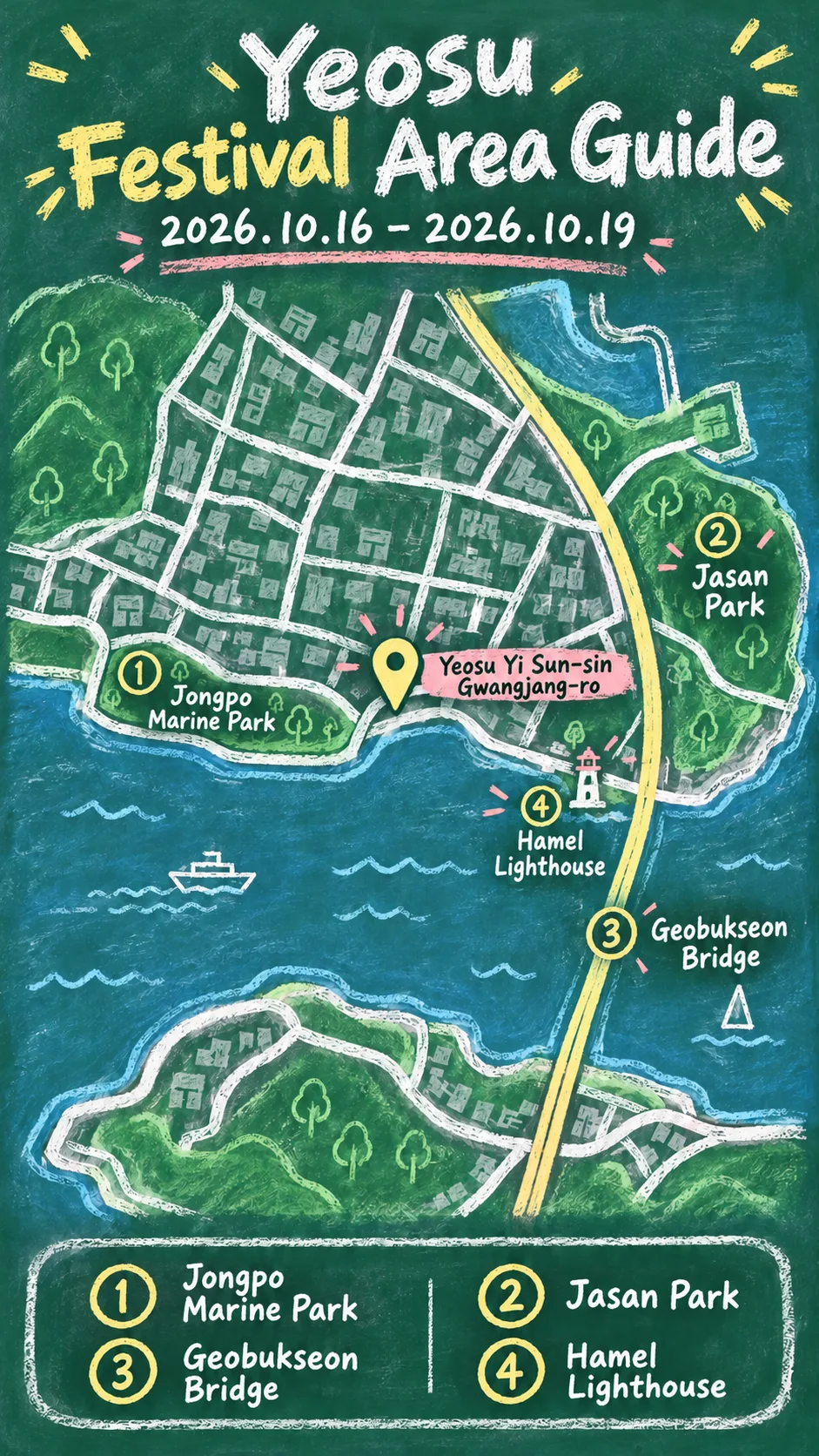 2026 Culture Month in Yeosu: Festival and Hotel Guide English chalkboard map redrawn from the source map