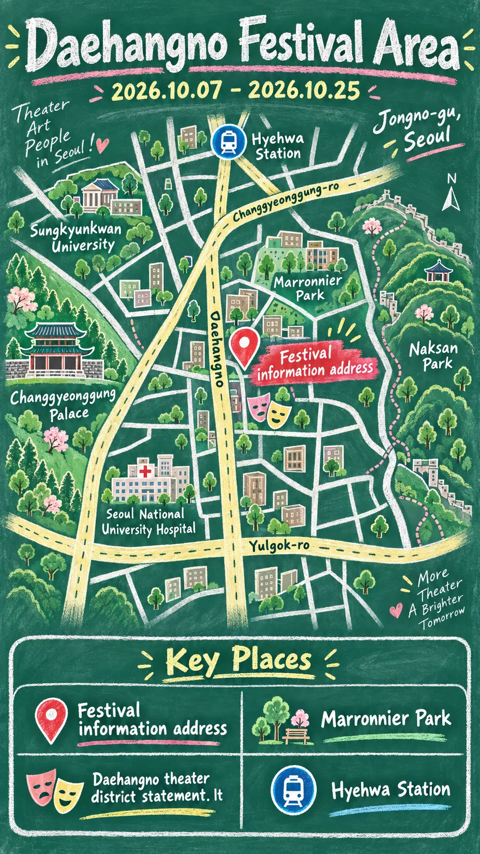 2026 D.FESTA Small Theater Festival: Dates, Tickets and Where to Stay English chalkboard map redrawn from the source map
