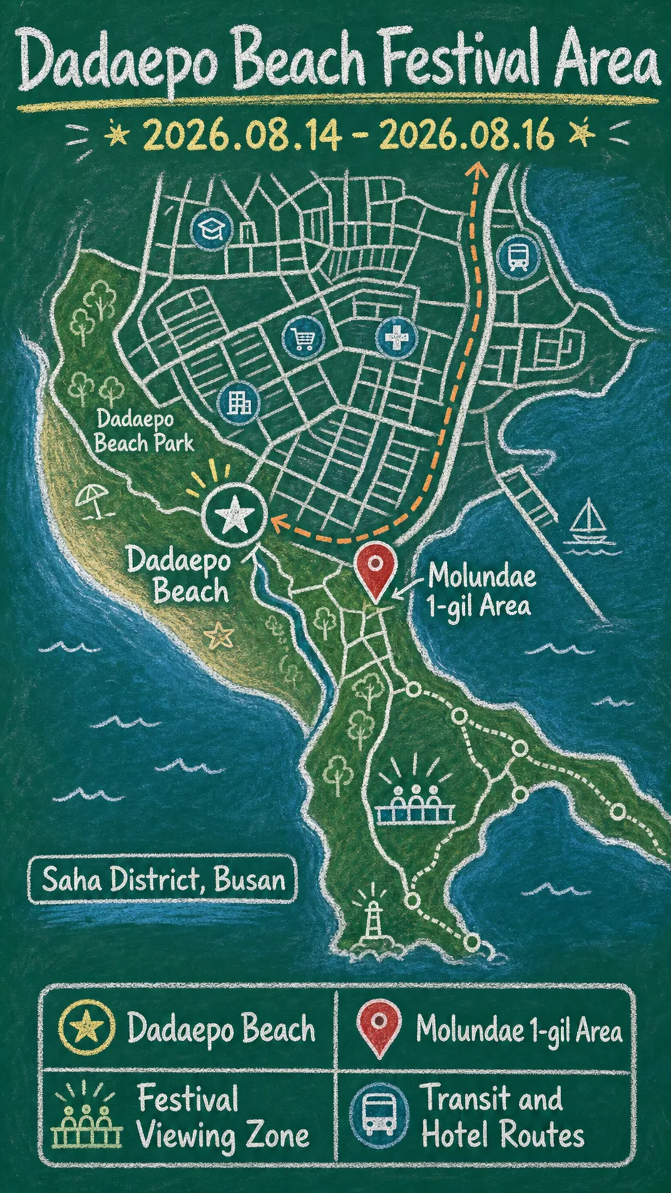 2026 Dadaepo Sunset Film Festival: Dates, Beach Location, Travel Tips, and Where to Stay English chalkboard map redrawn from the source map