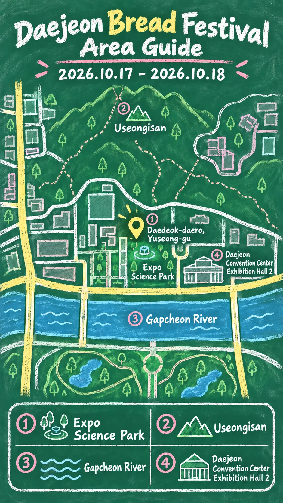 2026 Daejeon Bread Festival: Dates, Location and Hotel Guide English chalkboard map redrawn from the source map