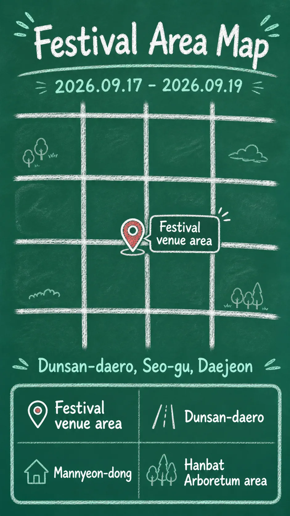 2026 Daejeon Special Visual Effects Film Festival: Where to Stay and How to Plan Your Visit English chalkboard map redrawn from the source map