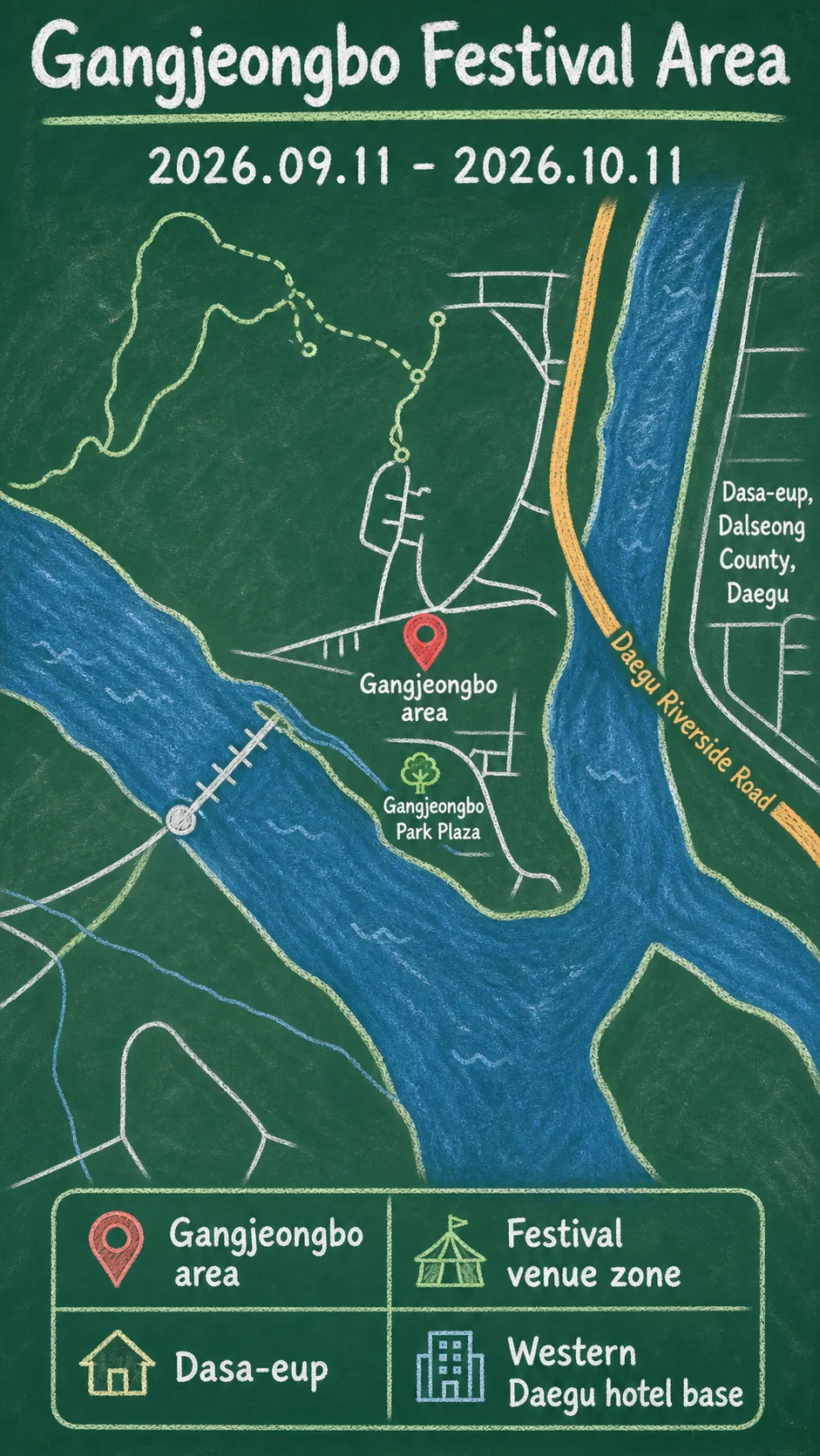 2026 Dalseong Daegu Contemporary Art Festival: Dates, Location, and Where to Stay English chalkboard map redrawn from the source map