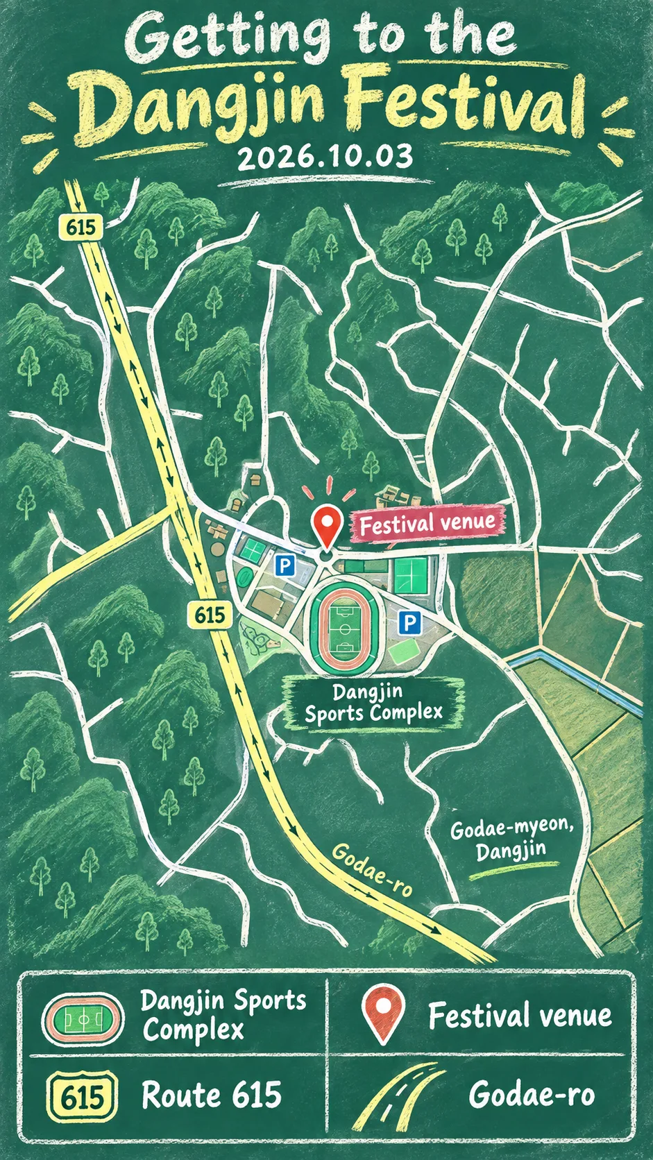 2026 Dangjin Haenaru Sweet Potato Festival: Date, Venue and Hotel Guide English chalkboard map redrawn from the source map
