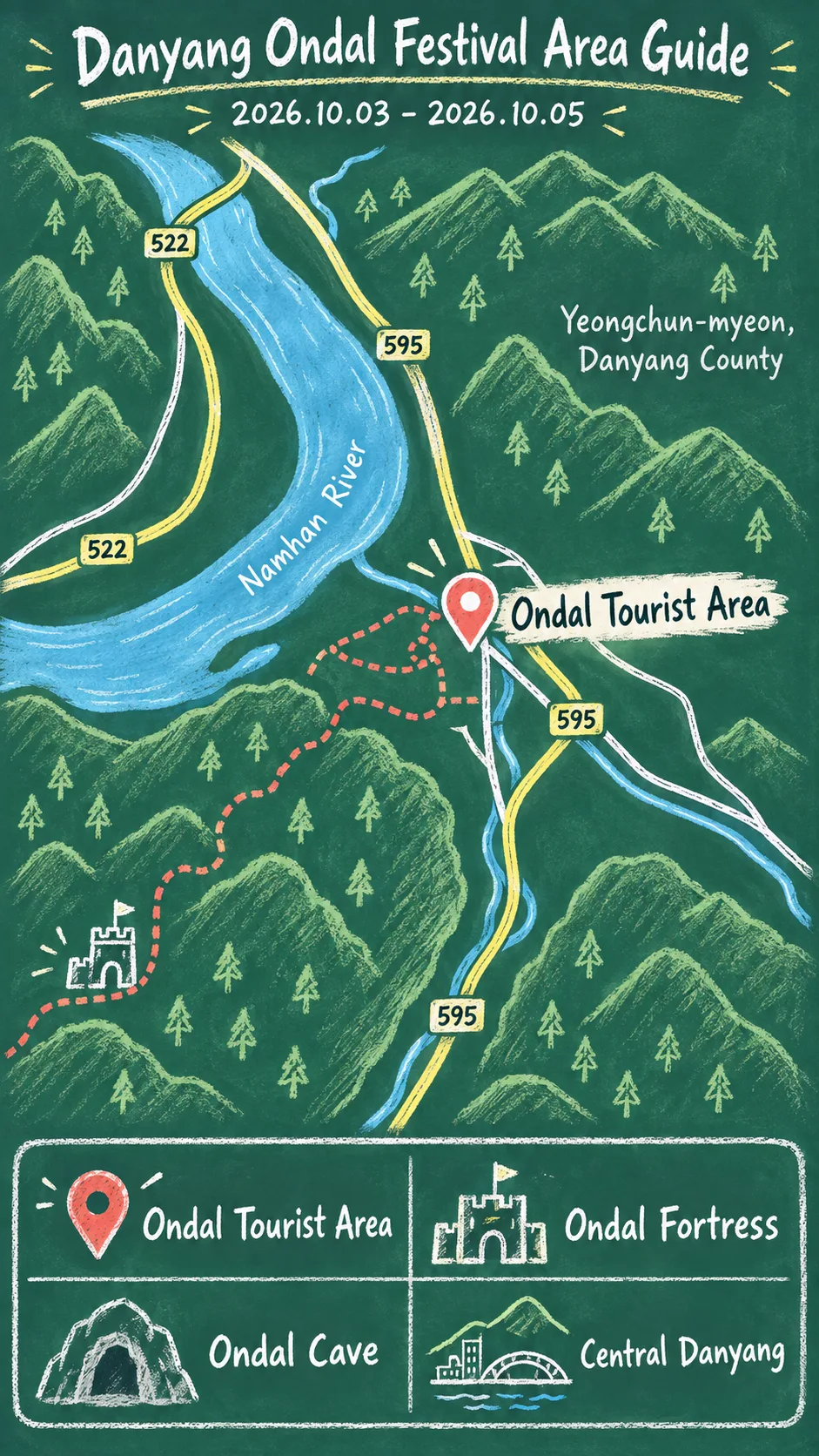 2026 Danyang Ondal Cultural Festival: Dates, Transport and Where to Stay English chalkboard map redrawn from the source map