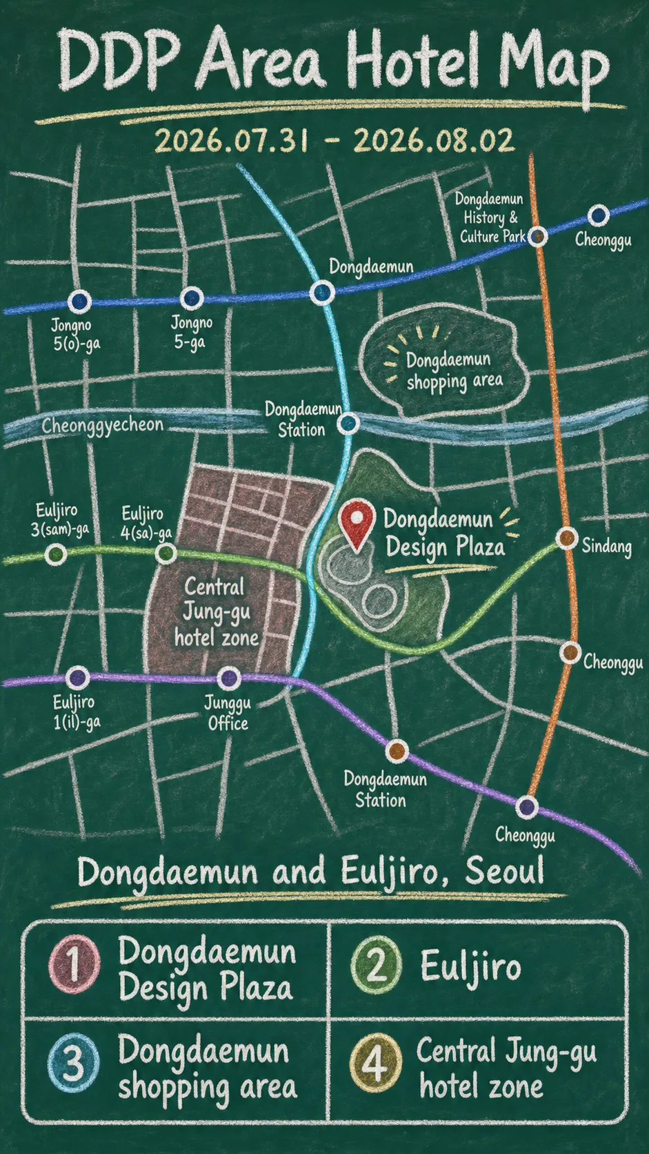 2026 DDP Vacance: Music Festival Hotel Guide for Seoul Visitors English chalkboard map redrawn from the source map