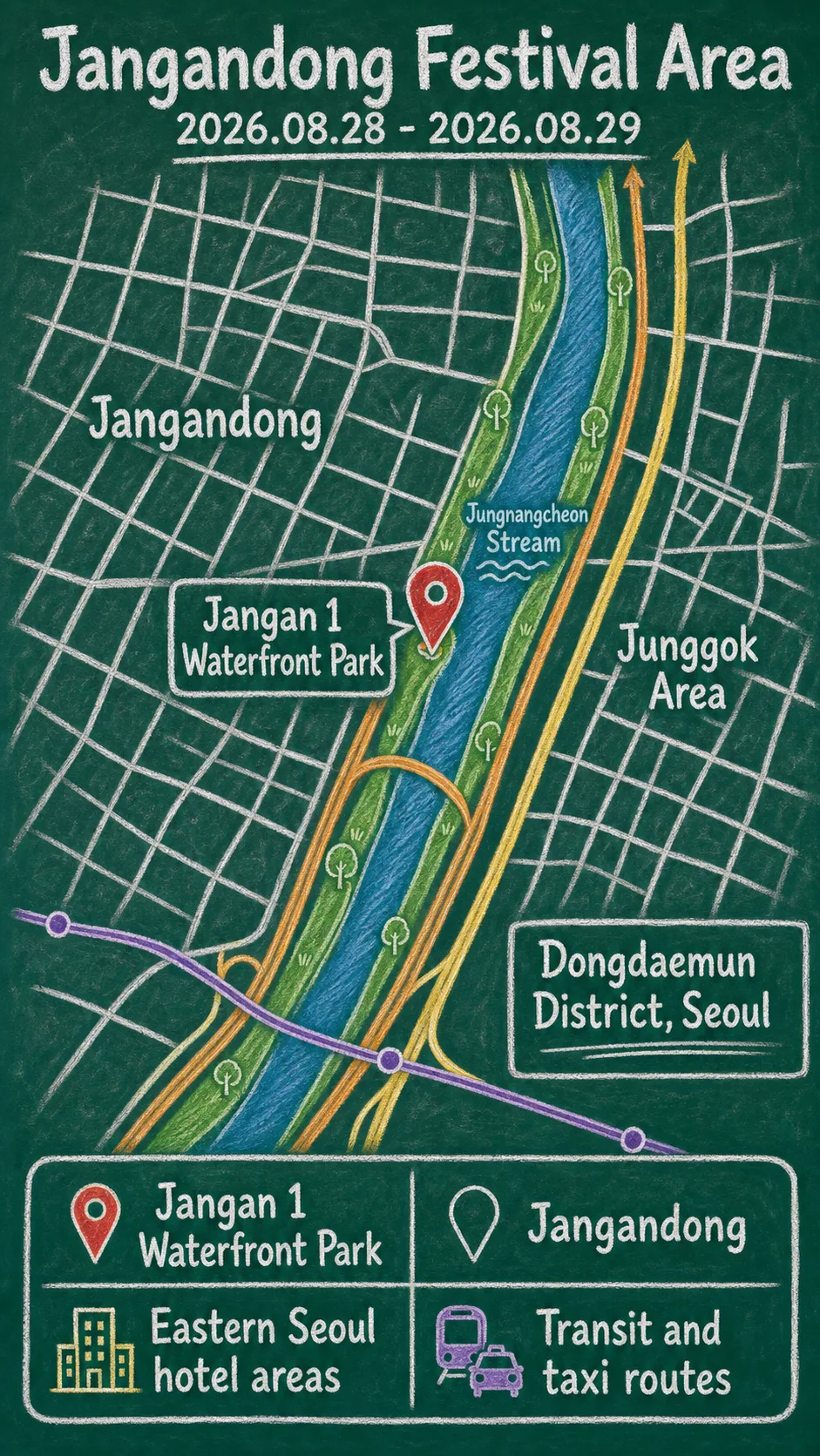 2026 Dongdaemun Beer Festival Hotel Guide: Dates, Location, Transport and Where to Stay English chalkboard map redrawn from the source map