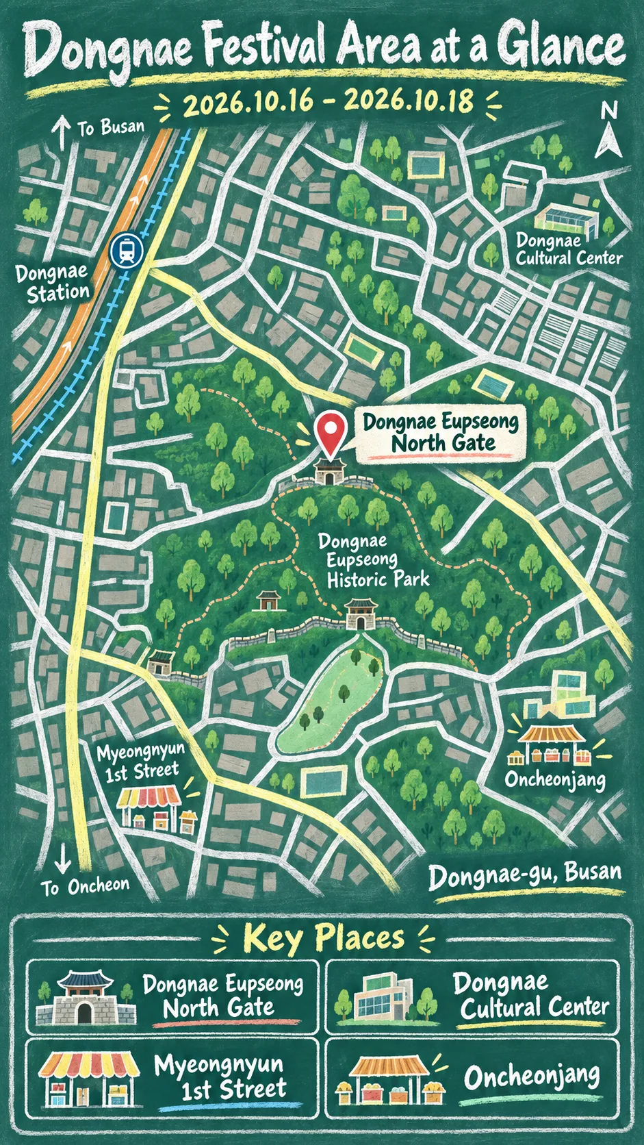 2026 Dongnae Eupseong History Festival: Dates, Tips and Hotels English chalkboard map redrawn from the source map