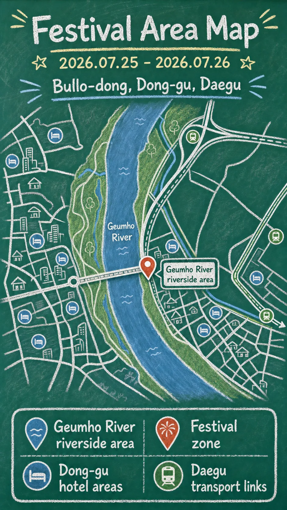 2026 Dudusumdong Daegu Dong-gu Summer Festival: Dates, Riverside Location, Packing Tips, and Hotel Bases English chalkboard map redrawn from the source map