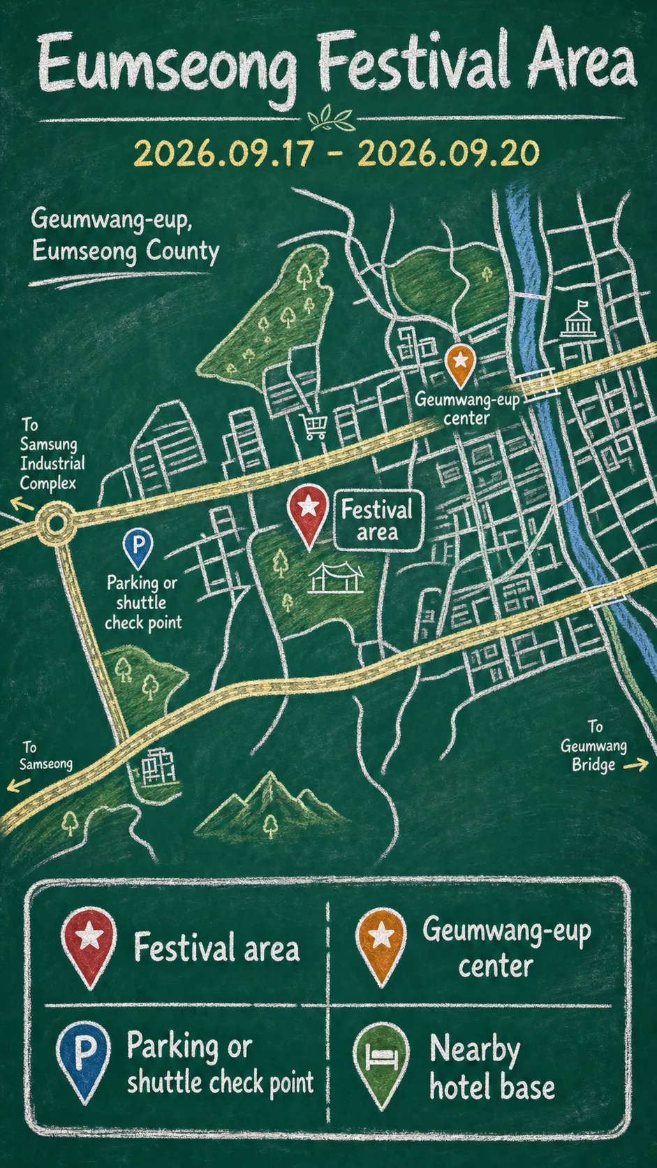 2026 Eumseong Myeongjak Festival Guide: Dates, Location, Packing Tips, and Where to Stay English chalkboard map redrawn from the source map