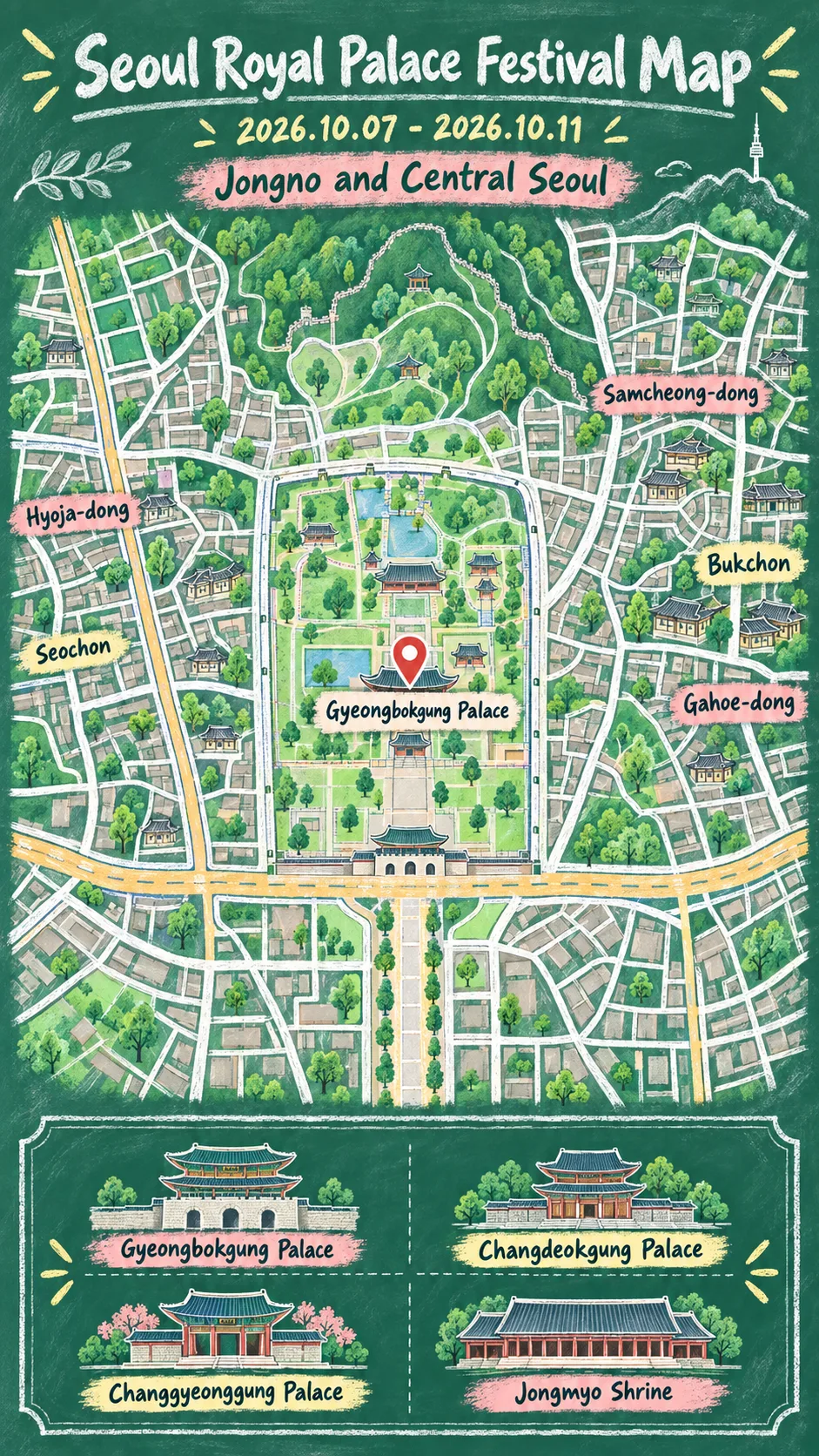 2026 Fall K-Royal Culture Festival: Dates, Palaces and Where to Stay English chalkboard map redrawn from the source map