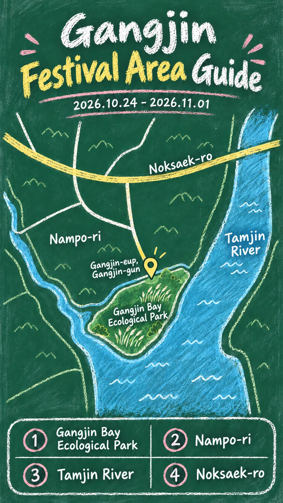 2026 Gangjin Bay Dancing Reeds Festival: Dates, Location and Where to Stay English chalkboard map redrawn from the source map