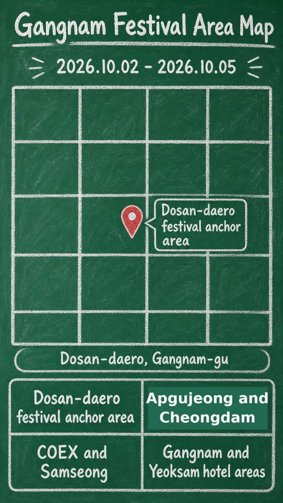2026 Gangnam Festival Hotel Guide: Dates, Area, Travel Tips and Where to Stay English chalkboard map redrawn from the source map