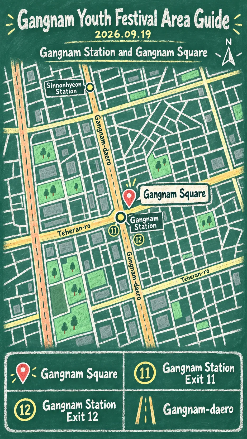 2026 Gangnam Youth Festival: Date, Venue, What to Bring, and Where to Stay English chalkboard map redrawn from the source map