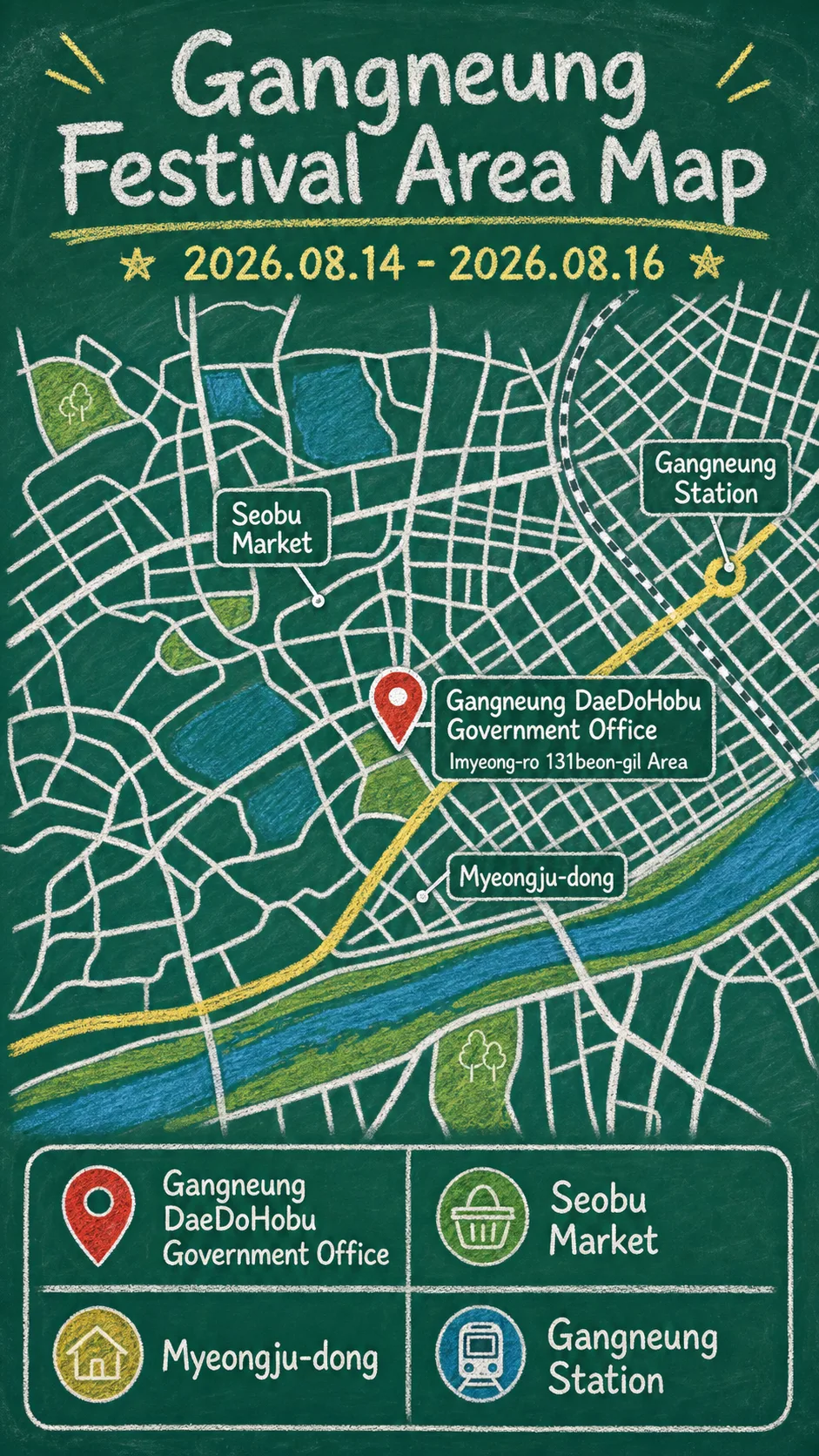 2026 Gangneung National Heritage Night: Dates, Location, and Where to Stay English chalkboard map redrawn from the source map
