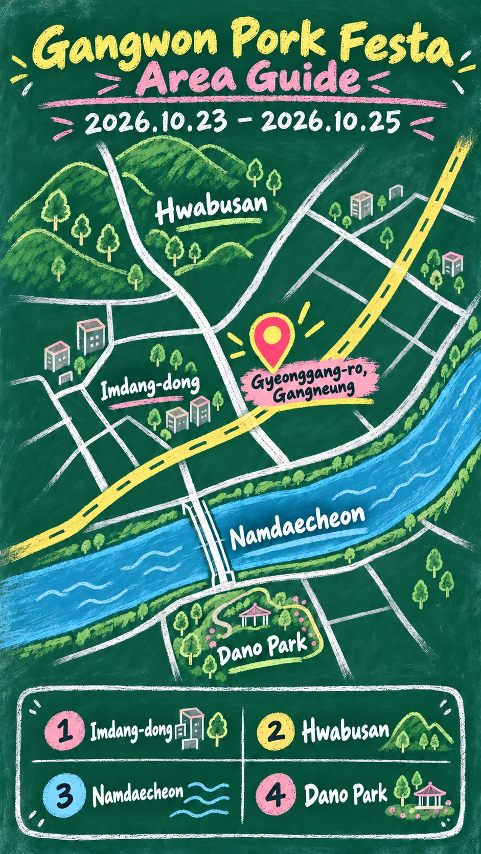 2026 Gangwon Pork Festa: Dates, Location and Where to Stay English chalkboard map redrawn from the source map