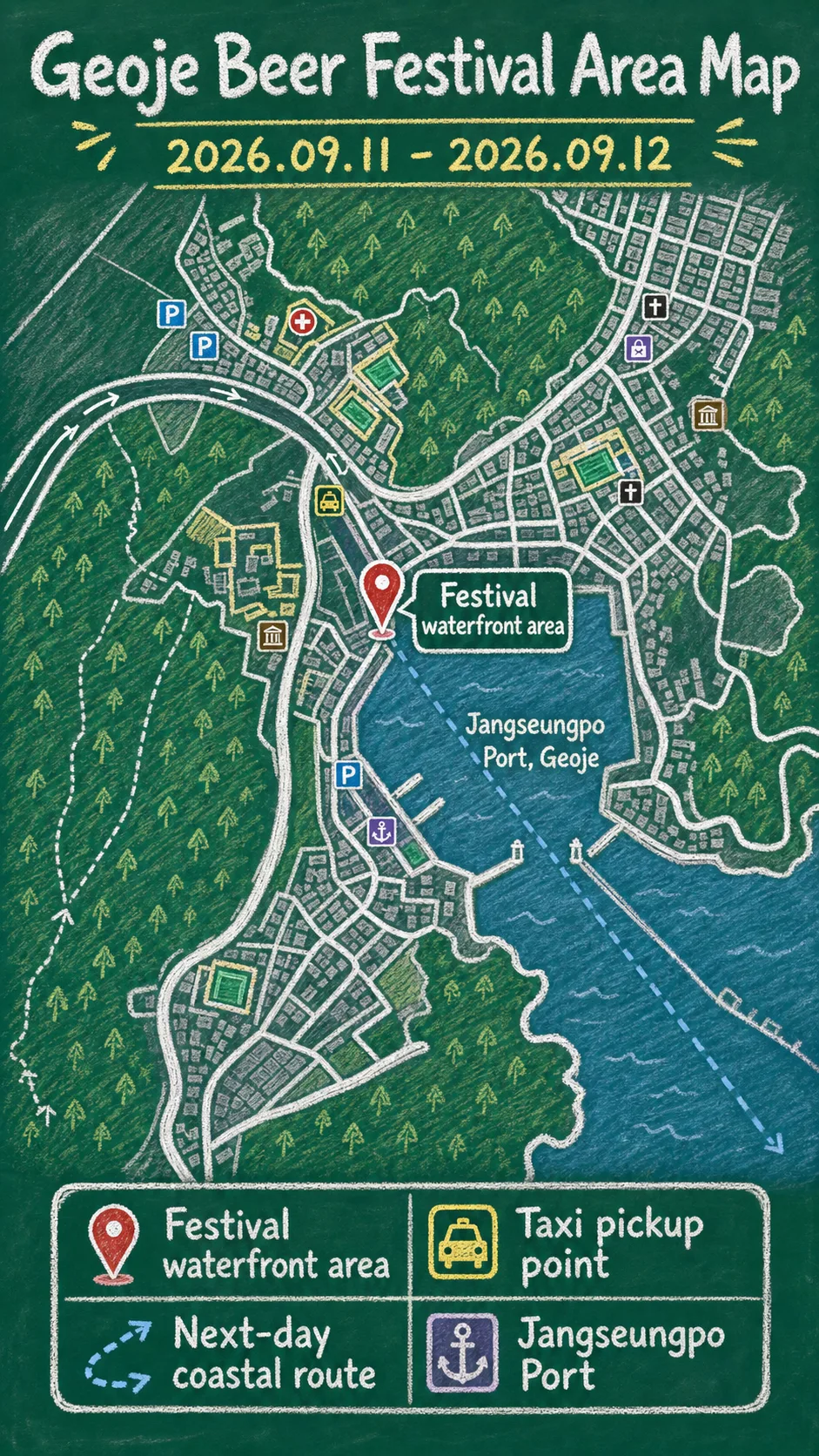 2026 Geoje Beer Festival Hotel Guide: Where to Stay Near Jangseungpo Port English chalkboard map redrawn from the source map
