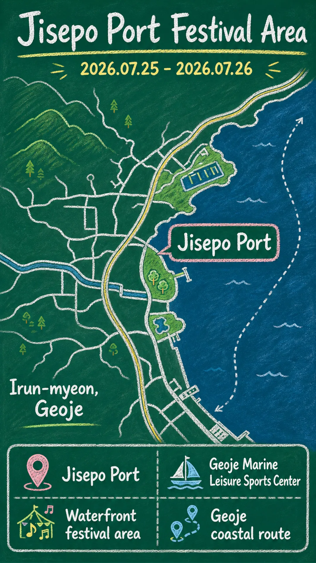 2026 Geoje Summer Marine Festival: Dates, Location, What to Pack, and Where to Stay English chalkboard map redrawn from the source map