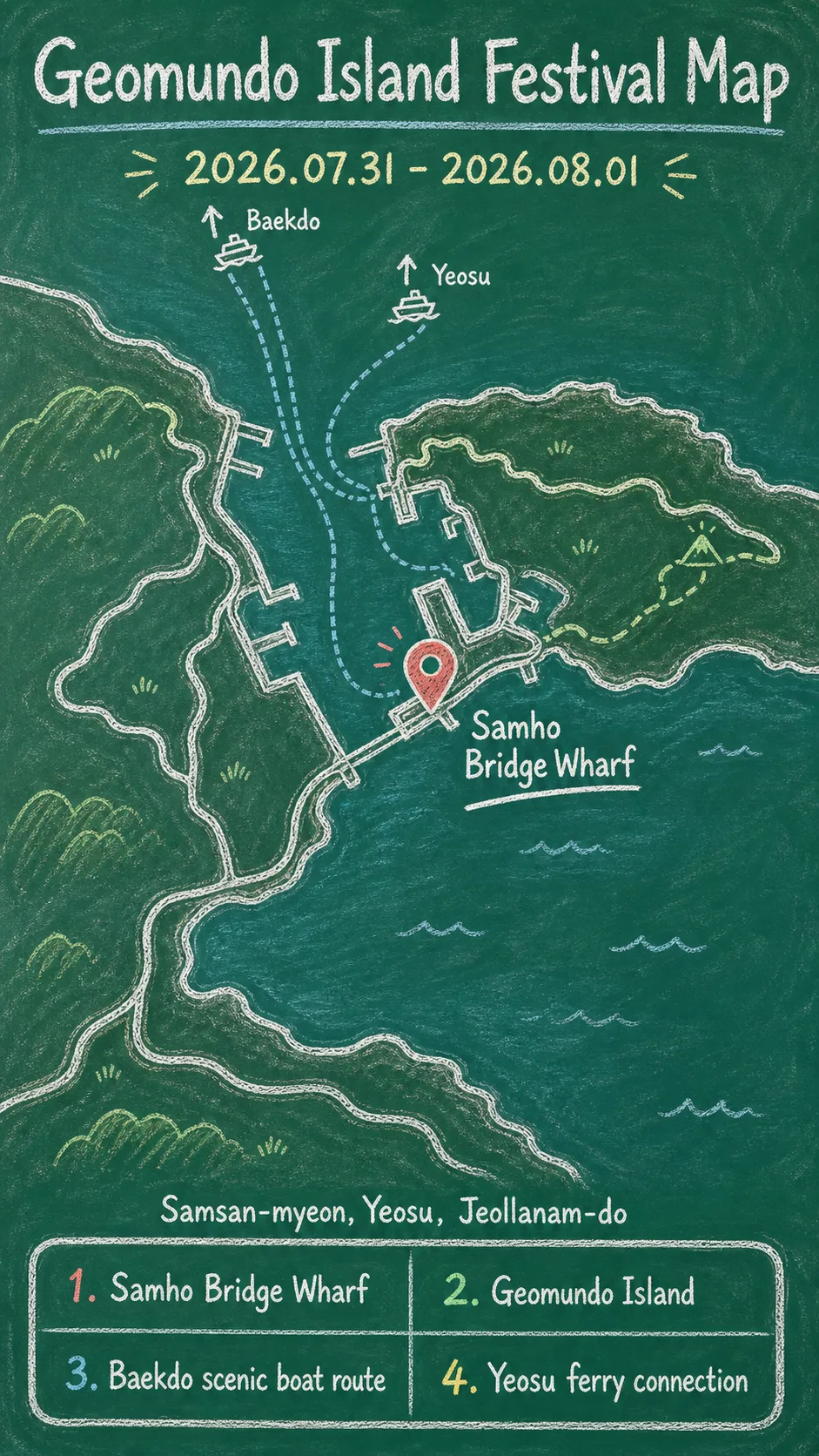 2026 Geomundo-Baekdo Silver Sea Experience Guide: Dates, Ferries, and Yeosu Hotel Bases English chalkboard map redrawn from the source map