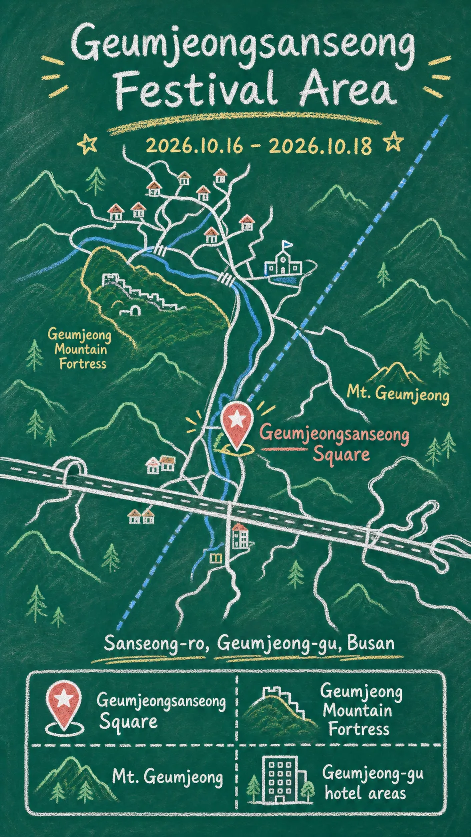 2026 Geumjeong Mountain Fortress Festival Hotel Guide for Busan English chalkboard map redrawn from the source map