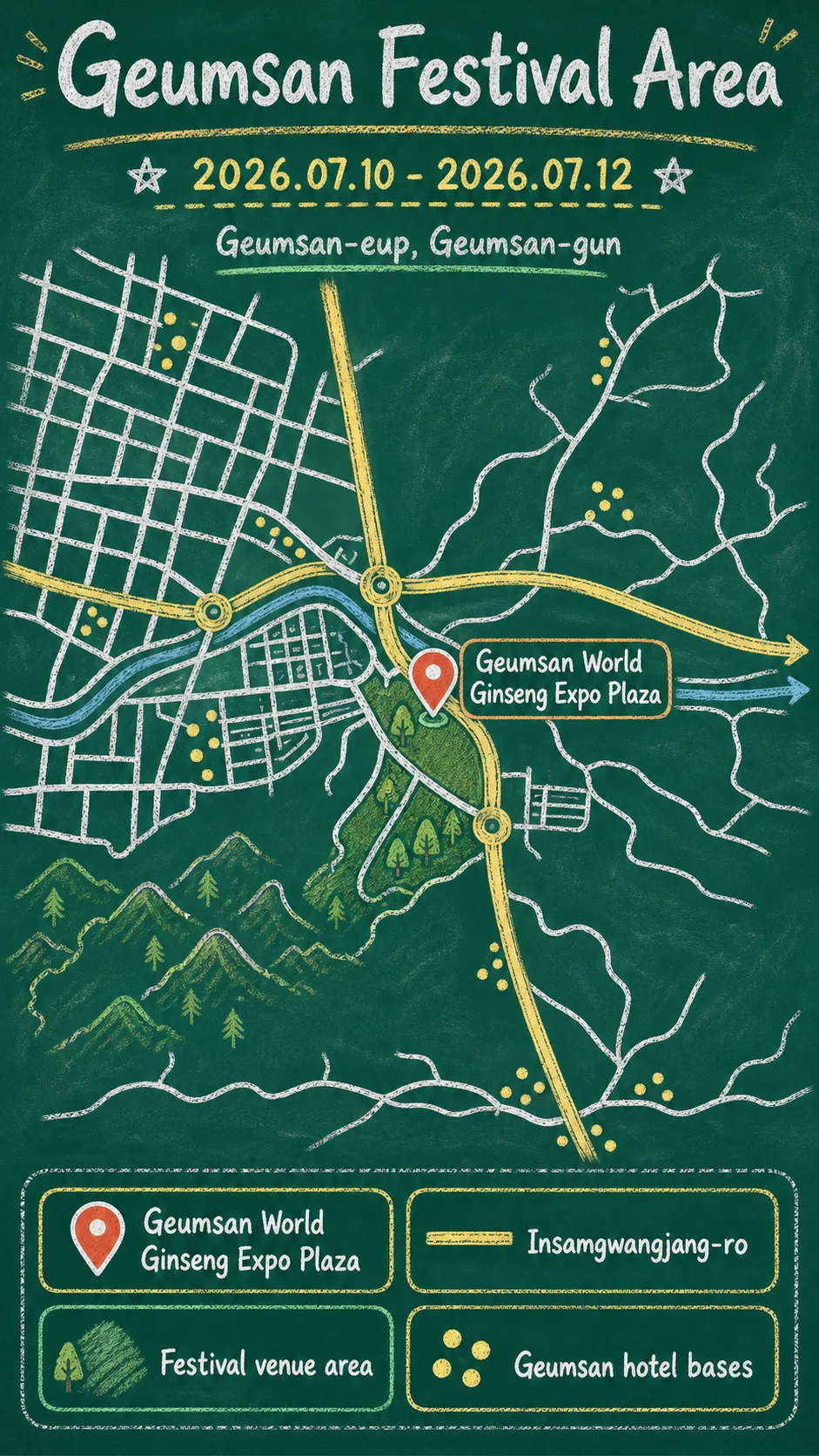 2026 Geumsan Samgyetang Festival: Dates, Location, Travel Tips and Hotel Bases English chalkboard map redrawn from the source map