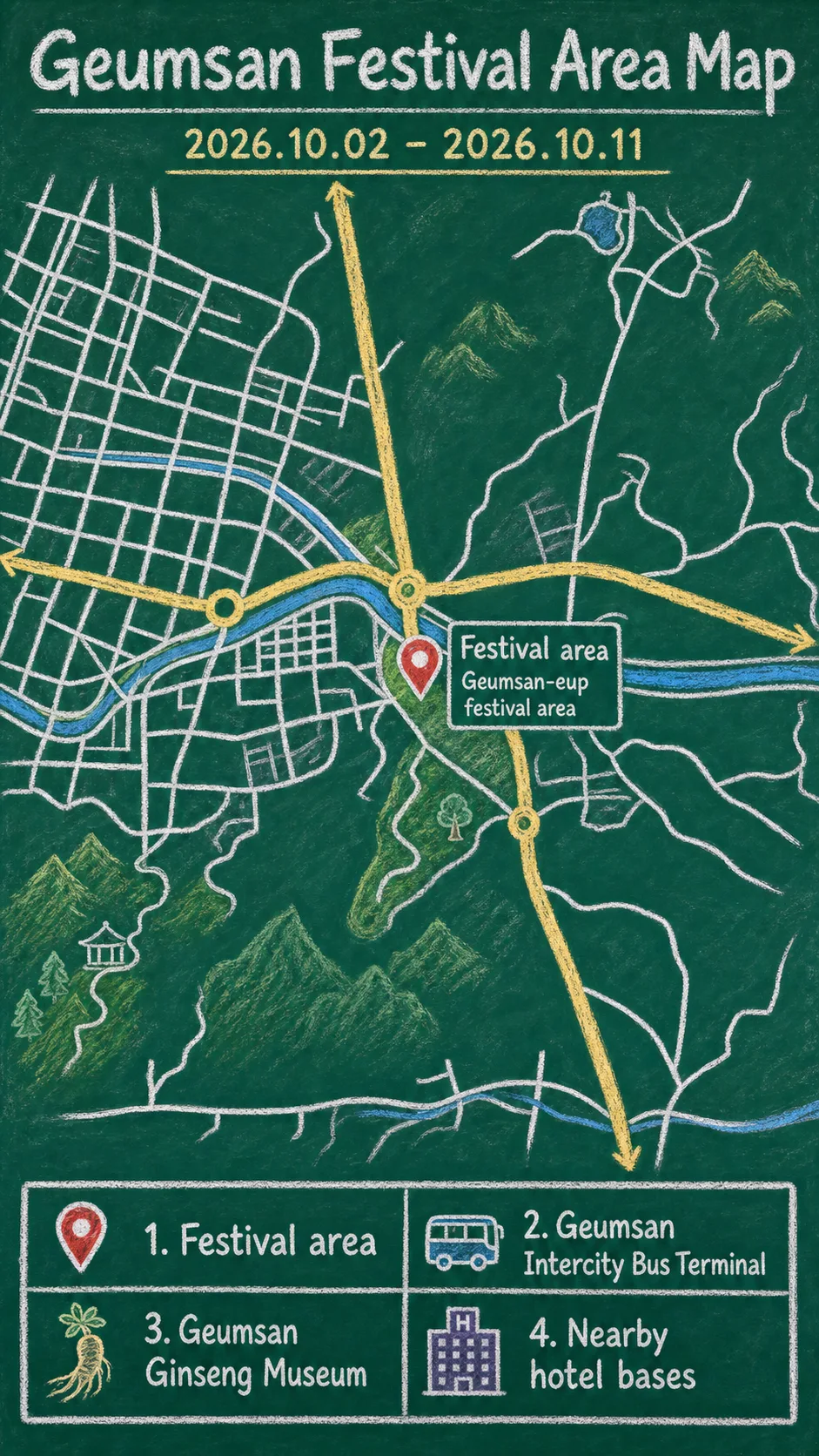2026 Geumsan World Ginseng Festival Hotel Guide: Dates, Location, Travel Tips and Where to Stay English chalkboard map redrawn from the source map
