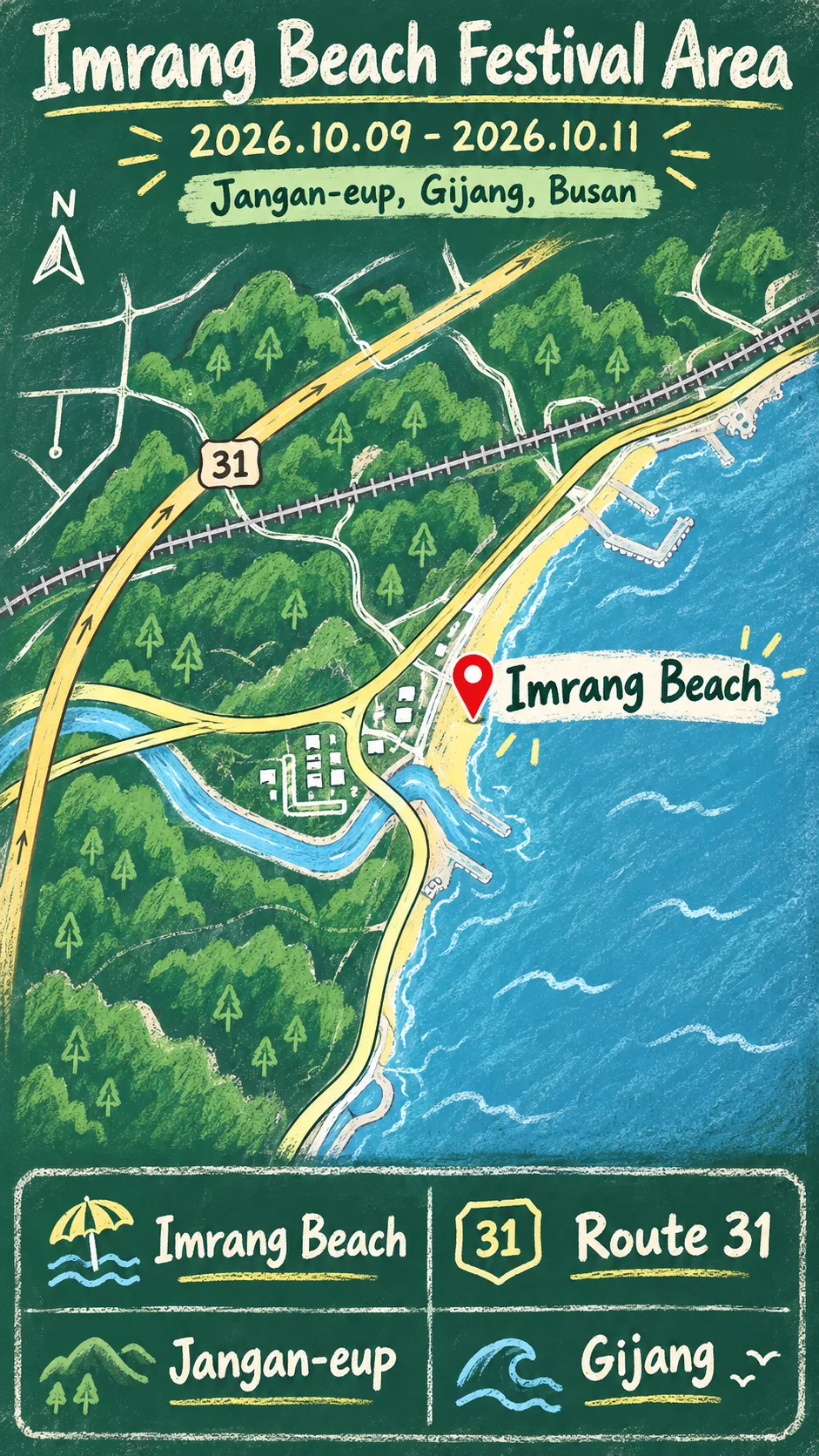 2026 Imrang Wellness Festival in Gijang: Travel & Hotel Guide English chalkboard map redrawn from the source map