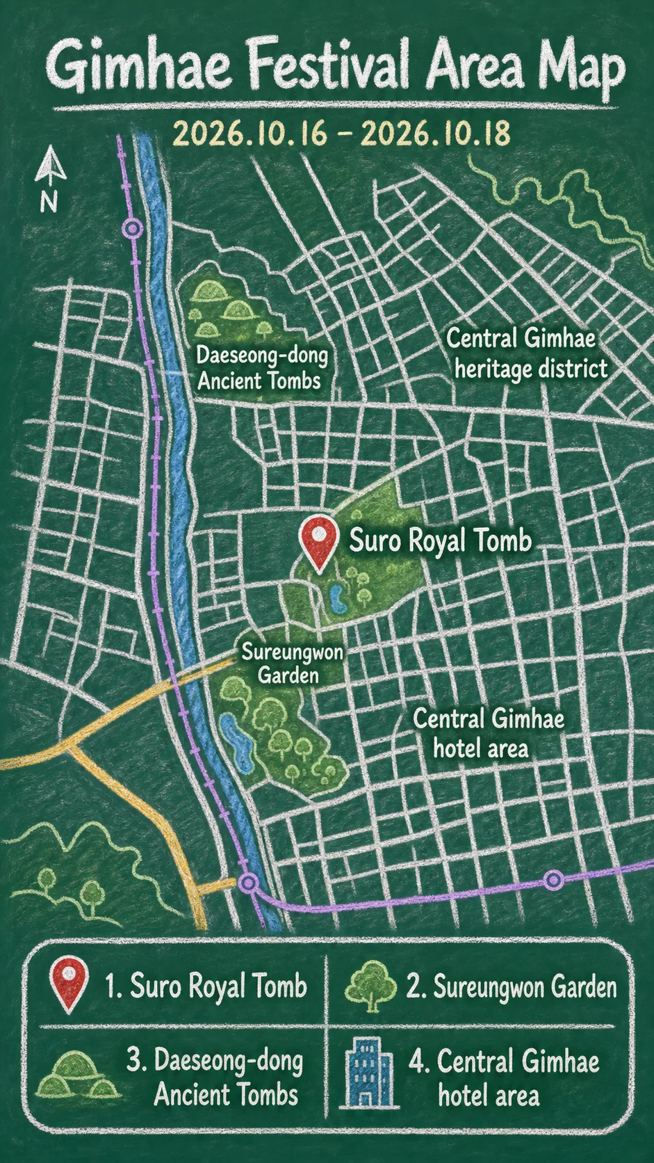 2026 Gimhae National Heritage Night Festival: Dates, Area Guide, and Where to Stay English chalkboard map redrawn from the source map