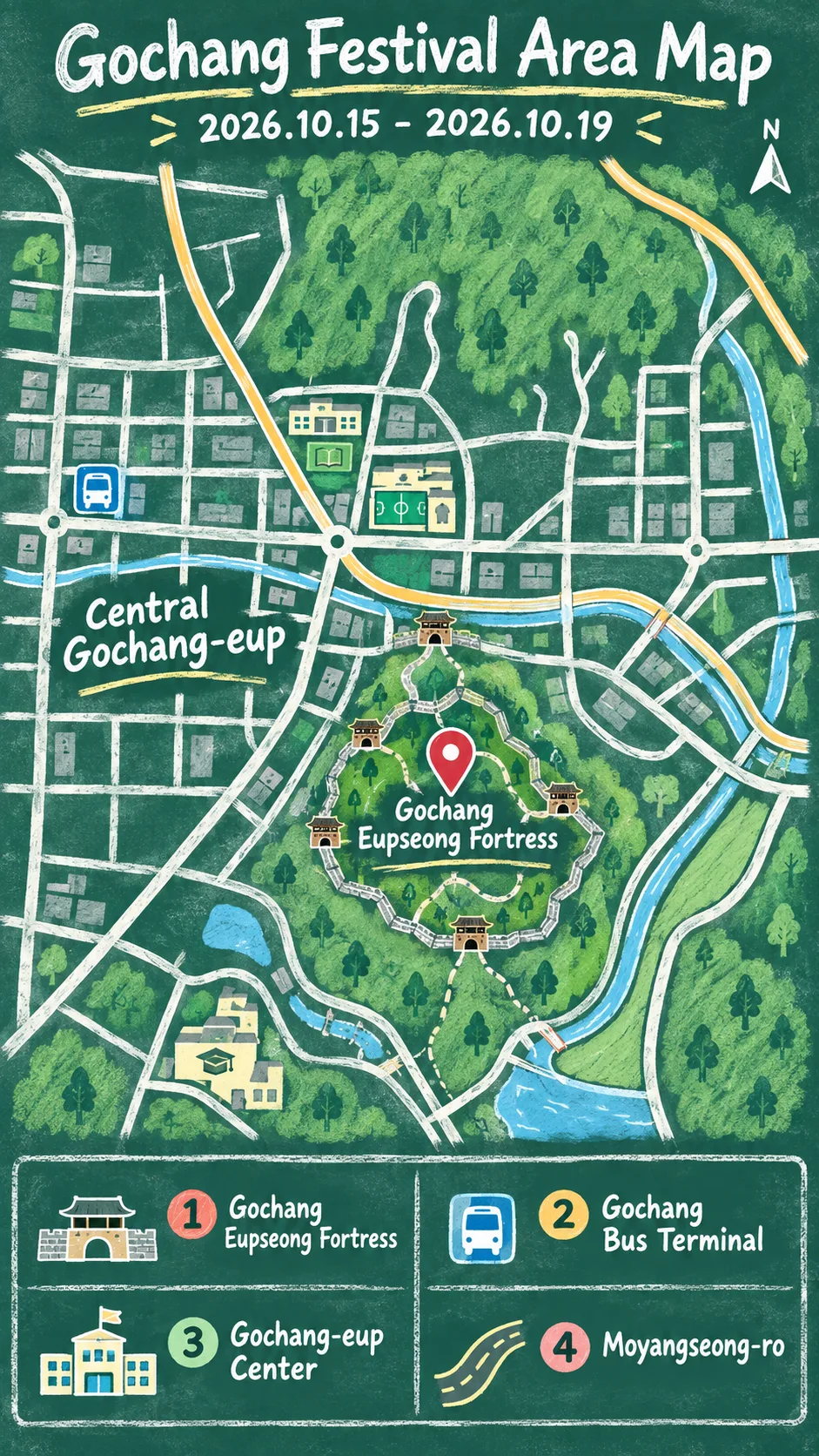2026 Gochang Moyang Fortress Festival: Dates, Transport and Hotels English chalkboard map redrawn from the source map