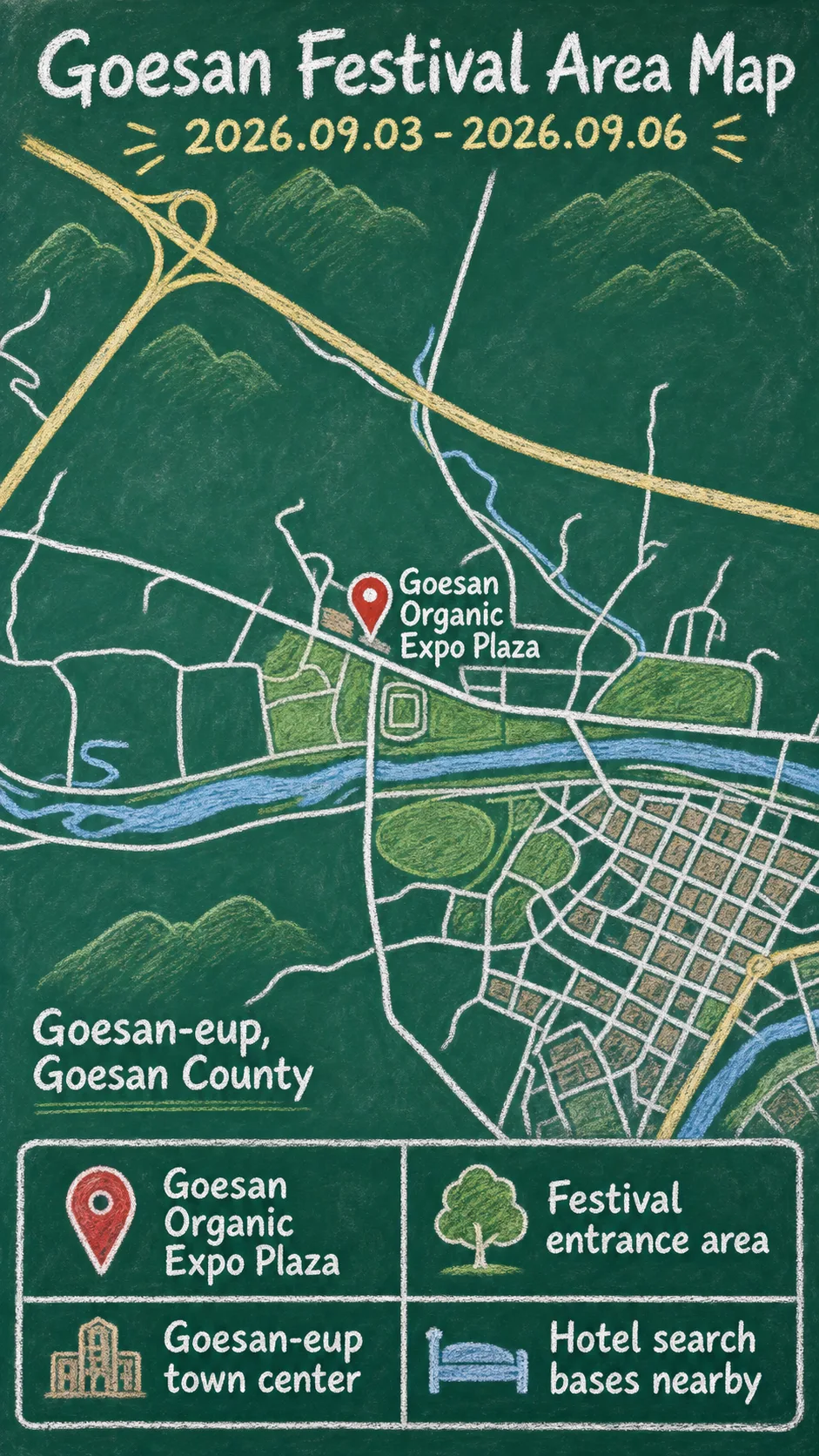 2026 Goesan Pepper Festival Hotel Guide: Dates, Venue and Travel Tips English chalkboard map redrawn from the source map
