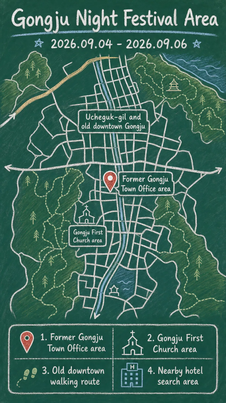 2026 Gongju National Heritage Night: Dates, Location and Hotel Base Guide English chalkboard map redrawn from the source map