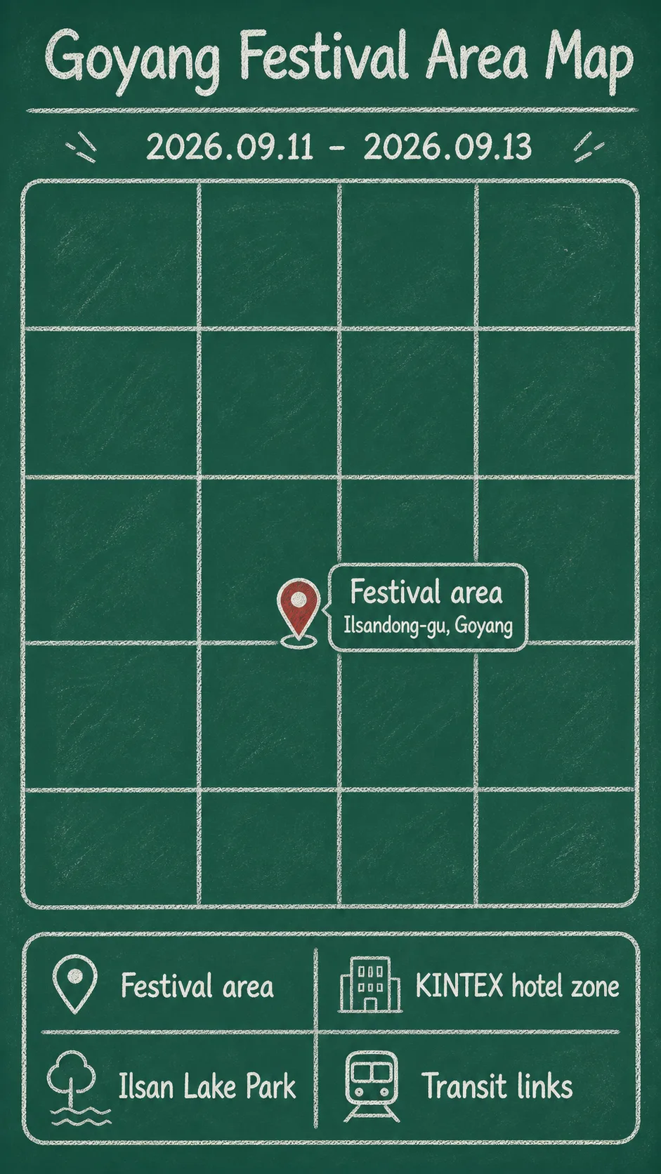 2026 Goyang Food & Beer Festival Hotel Guide for Ilsan and KINTEX English chalkboard map redrawn from the source map