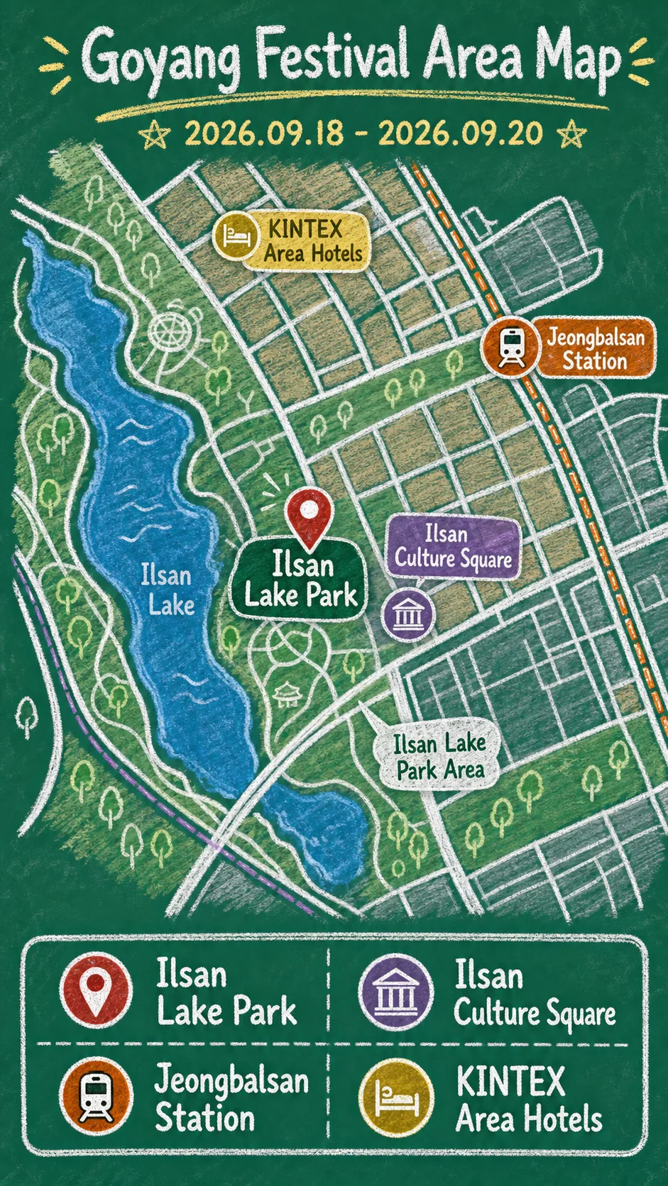 2026 Goyang Lake Arts Festival Hotel Guide: Dates, Location, and Where to Stay English chalkboard map redrawn from the source map